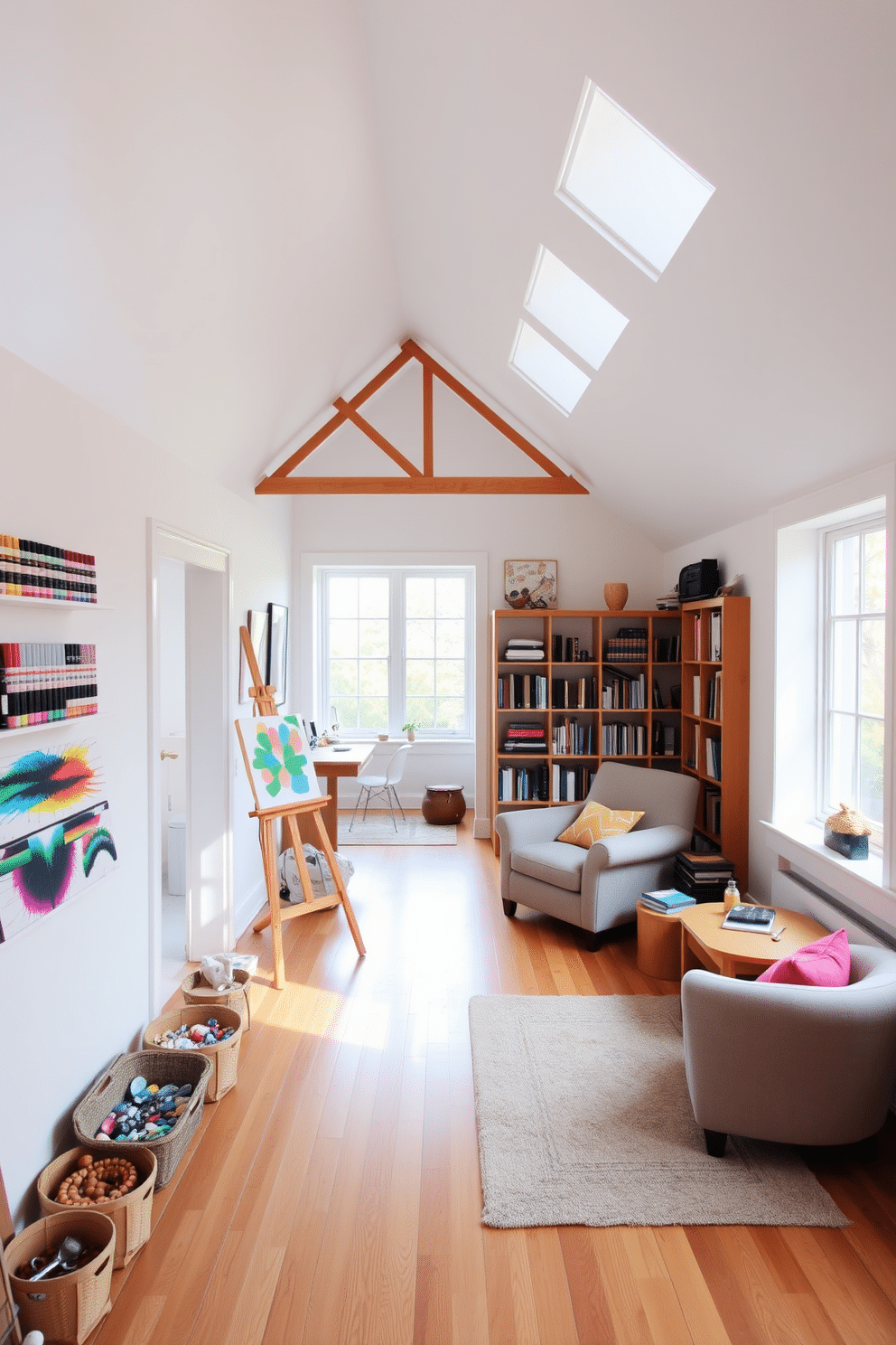 Art studio with ample natural light. The space features large windows that fill the room with sunlight, highlighting the white walls and polished wooden floors. In one corner, an easel stands next to a vibrant palette of paints, while shelves filled with art supplies line the walls. A cozy seating area with a plush armchair invites creativity, adorned with colorful cushions and a small coffee table. Attic design ideas. The room is transformed into a cozy retreat with sloped ceilings and exposed wooden beams, painted in a soft, neutral tone. A reading nook is created with a built-in bookshelf and a comfortable chaise lounge, while a small desk by the window offers a perfect workspace.