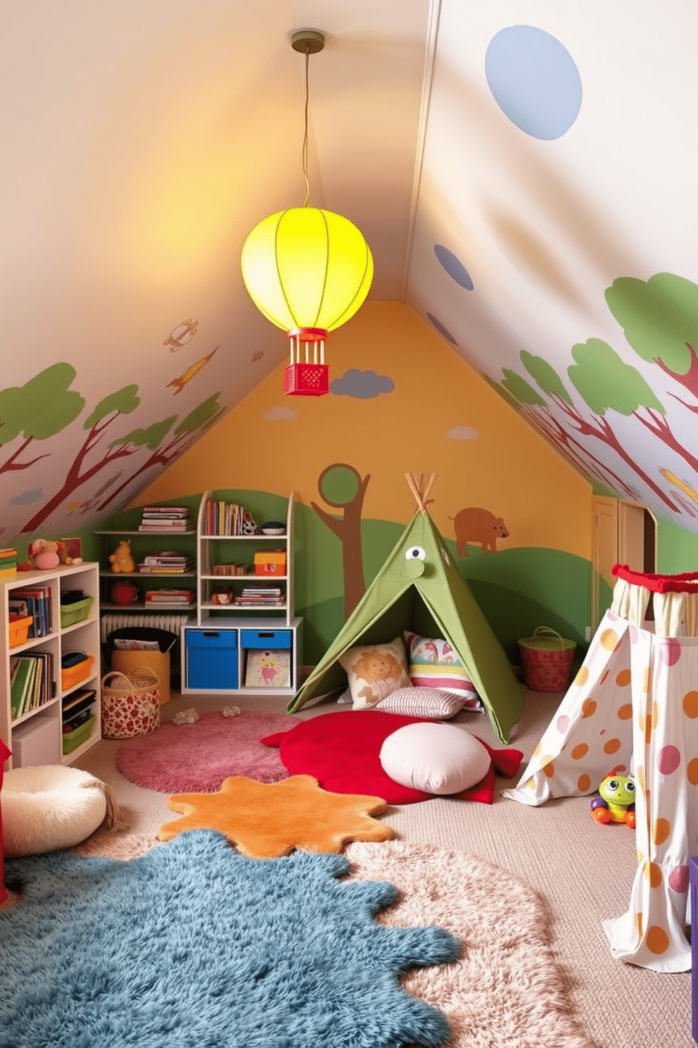 A whimsical children's playroom in the attic features colorful accent walls adorned with playful murals of animals and trees. Soft, plush rugs cover the floor, providing a cozy area for play, while a variety of shelves display an array of toys and books. In one corner, a small reading nook is created with oversized cushions and a whimsical tent, inviting children to dive into their favorite stories. A bright chandelier shaped like a hot air balloon hangs from the ceiling, adding a touch of fun and imagination to the space.