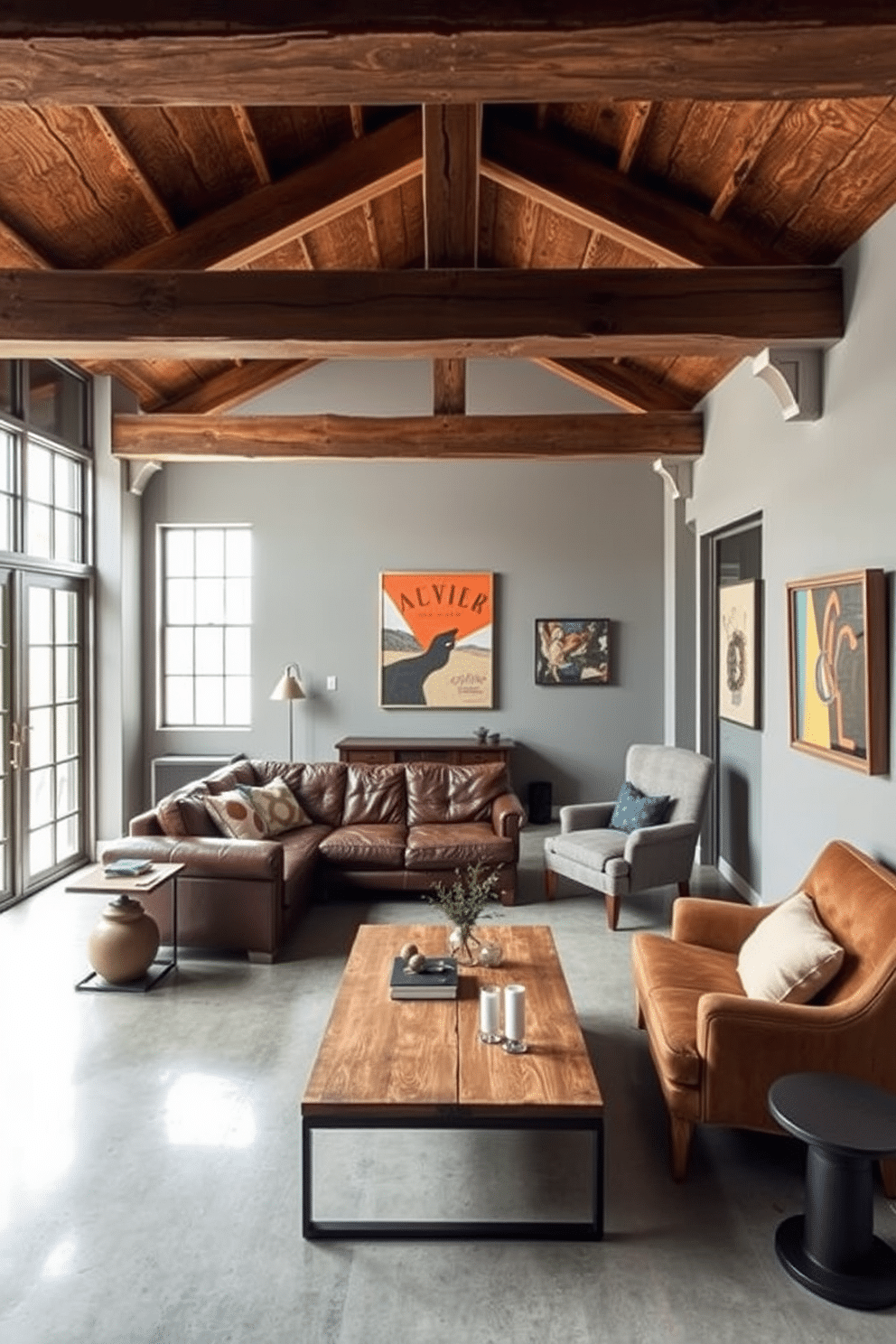 An industrial-style attic featuring exposed wooden beams and large windows that flood the space with natural light. The floors are polished concrete, complemented by a mix of vintage and modern furnishings, including a leather sofa and a reclaimed wood coffee table. The walls are painted in a soft gray, providing a neutral backdrop for colorful artwork. A cozy reading nook is created with a plush armchair and a floor lamp, enhancing the inviting atmosphere of the attic space.