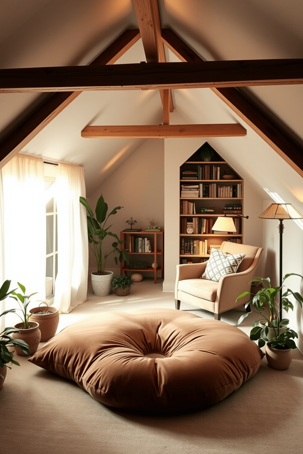 A serene meditation space with soft lighting features a plush, oversized floor cushion in calming earth tones, surrounded by delicate, sheer curtains that filter natural light. A small indoor water fountain adds a gentle sound of flowing water, while potted plants create a tranquil atmosphere. Attic design ideas include a cozy reading nook nestled under the eaves, complete with a built-in bookshelf and a comfortable armchair. Soft, warm lighting from a vintage lamp illuminates the space, while exposed wooden beams add character and warmth to the overall aesthetic.