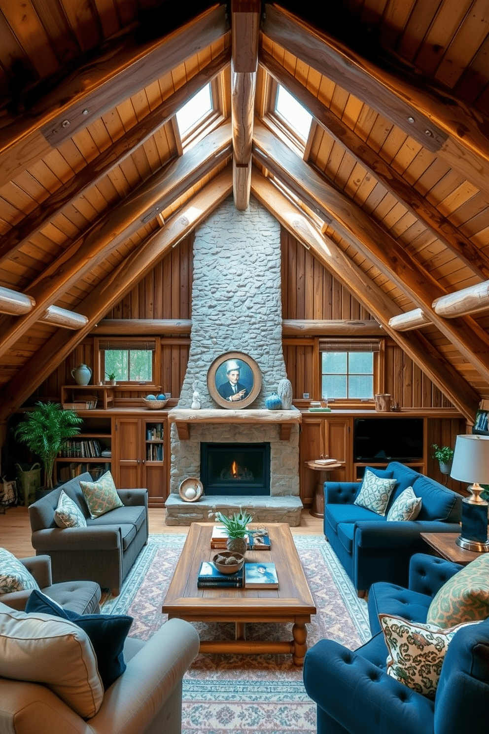 A rustic cabin feel with wooden accents. The space features exposed wooden beams, a stone fireplace, and cozy furnishings that invite relaxation. Attic design ideas that maximize space and light. Incorporate skylights, built-in shelving, and soft textiles to create a warm and inviting atmosphere.