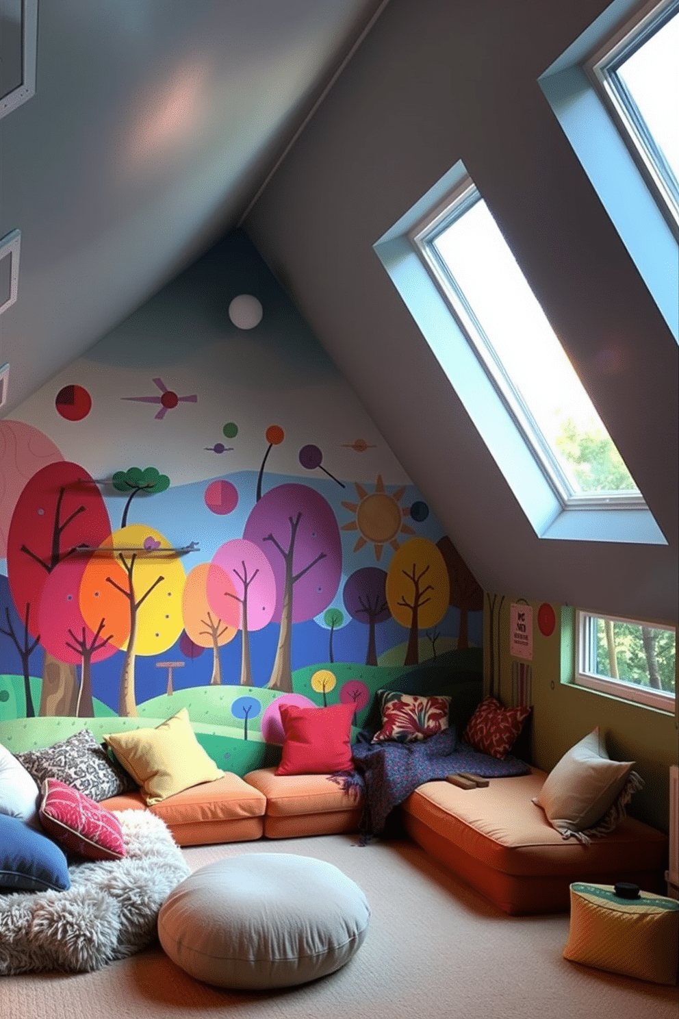 A vibrant mural covers the wall of an attic space, depicting a whimsical landscape filled with colorful trees and abstract shapes that stimulate imagination. The mural is complemented by soft, warm lighting that creates an inviting atmosphere, encouraging creativity and exploration. The attic features cozy nooks with plush seating, adorned with colorful cushions and blankets for comfort. Large windows allow natural light to flood in, showcasing the mural and providing a perfect spot for reading or artistic endeavors.