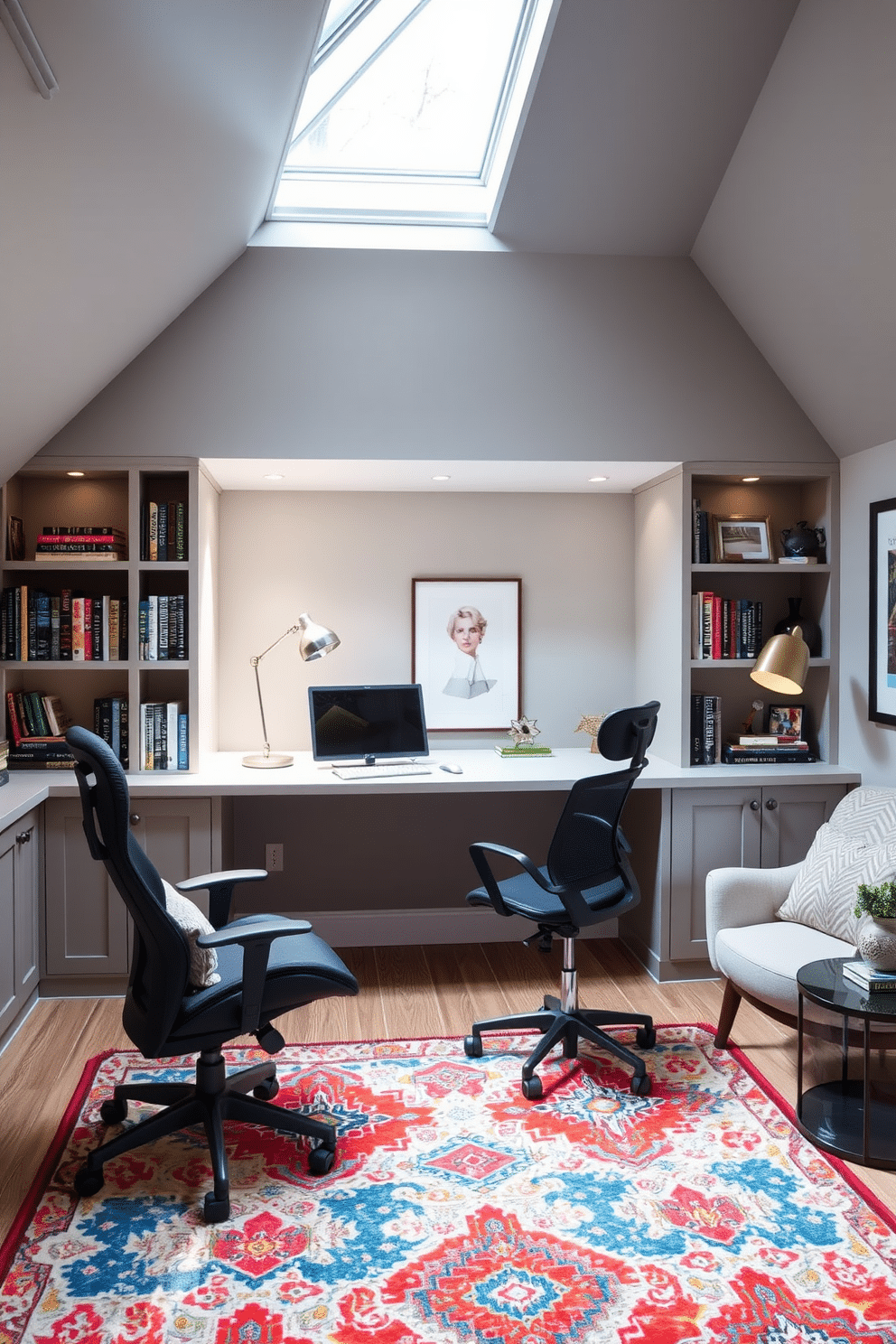 A stylish home office with a sloped ceiling features a sleek, modern desk positioned beneath a large skylight that floods the space with natural light. The walls are painted in a soft gray, complemented by built-in shelves filled with books and decorative items, creating an inviting and organized atmosphere. The room includes a comfortable ergonomic chair and a cozy reading nook with a plush armchair and a small side table. Accent lighting, such as a contemporary floor lamp, adds warmth, while a vibrant area rug defines the workspace and enhances the overall aesthetic.