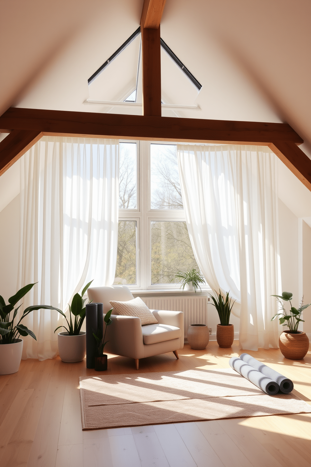 Bright and airy yoga studio retreat. The space features large windows that allow natural light to flood in, with soft white curtains gently swaying in the breeze. Light wooden flooring creates a warm ambiance, while potted plants are strategically placed around the room for a touch of nature. A minimalist design with muted colors promotes tranquility, and a few yoga mats are neatly rolled up in the corner. Attic Design Ideas. The attic is transformed into a cozy reading nook, with a comfortable armchair positioned under a skylight that offers a view of the stars. Exposed wooden beams add character, while soft lighting and a plush rug create an inviting atmosphere perfect for relaxation.