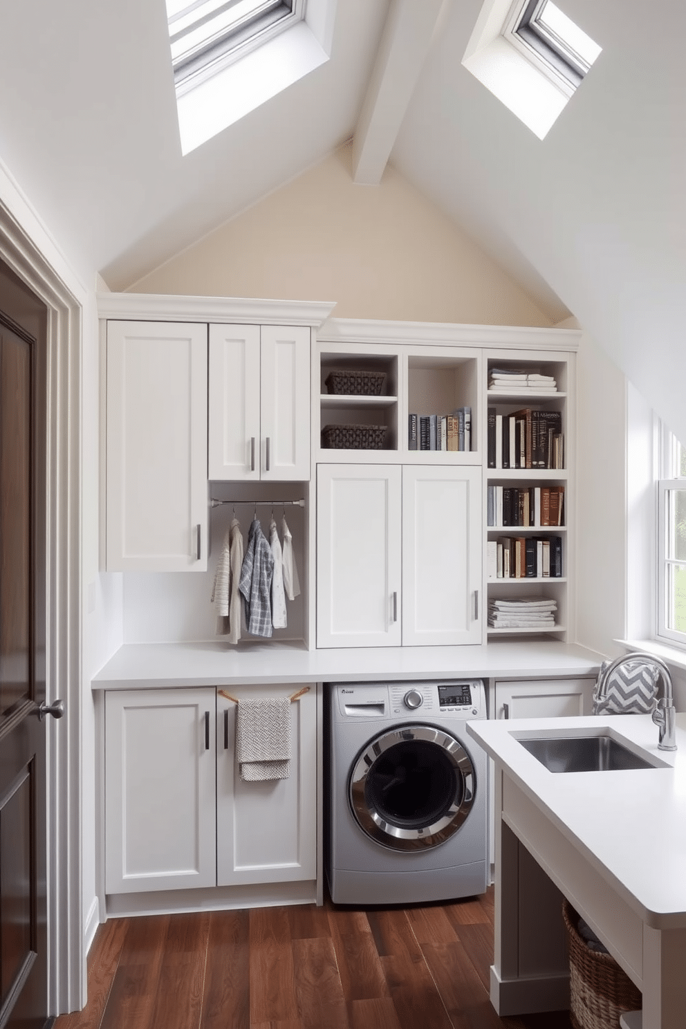 A functional laundry room featuring ample storage solutions. The space includes built-in cabinets, a countertop for folding clothes, and a utility sink, all finished in a soft white hue. Charming attic design ideas that maximize space and light. The room showcases sloped ceilings with skylights, cozy seating areas, and built-in bookshelves, creating an inviting retreat.