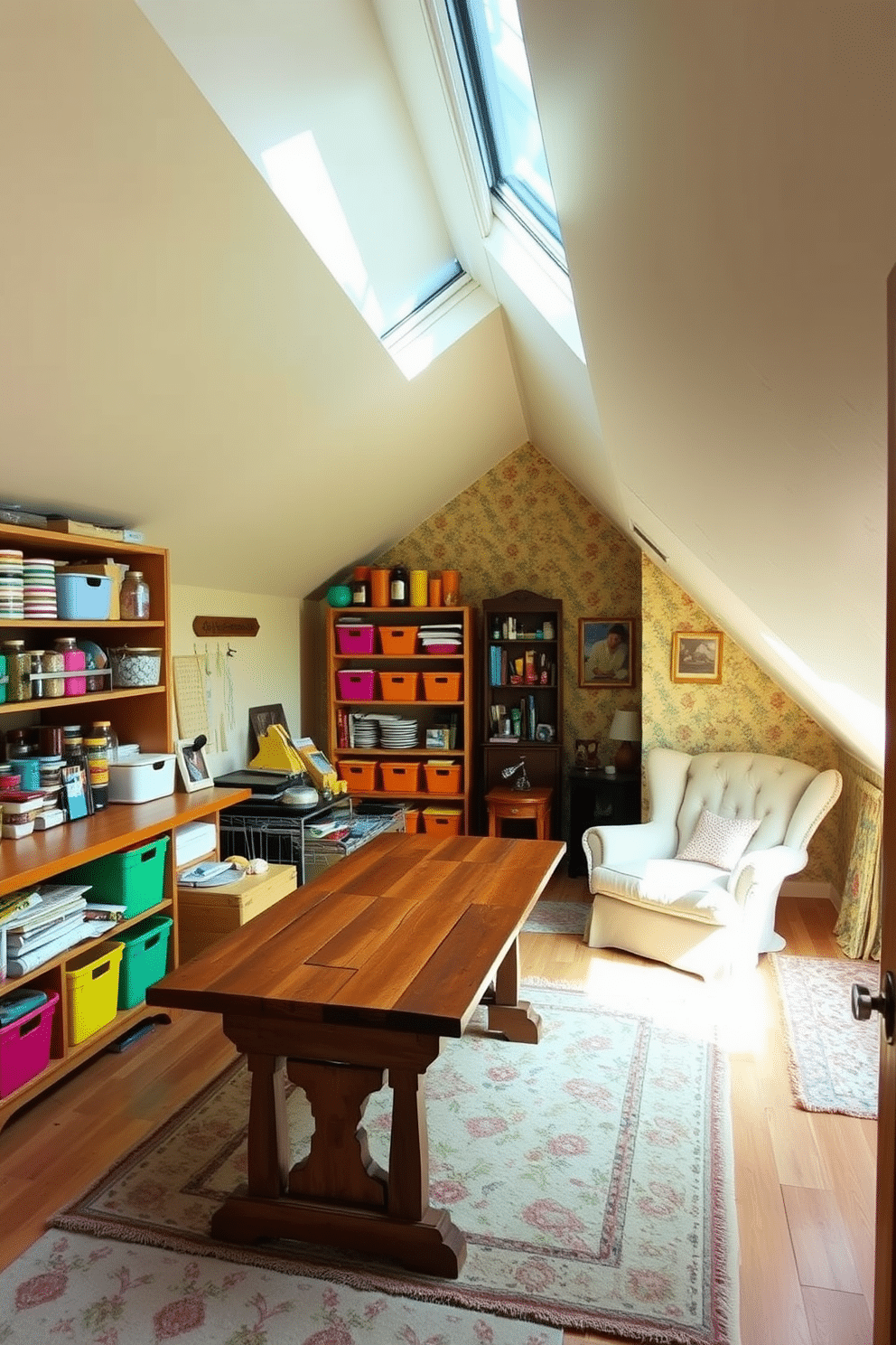 A charming craft room features a large, rustic wooden table at the center, surrounded by shelves filled with neatly organized supplies. Soft, natural light streams in through a skylight, illuminating colorful bins and jars that hold various crafting materials. In the attic, a cozy reading nook is created with a plush armchair and a small side table, nestled under the sloped ceiling. The walls are adorned with whimsical wallpaper, and a vintage rug adds warmth to the space, making it an inviting retreat for relaxation and creativity.