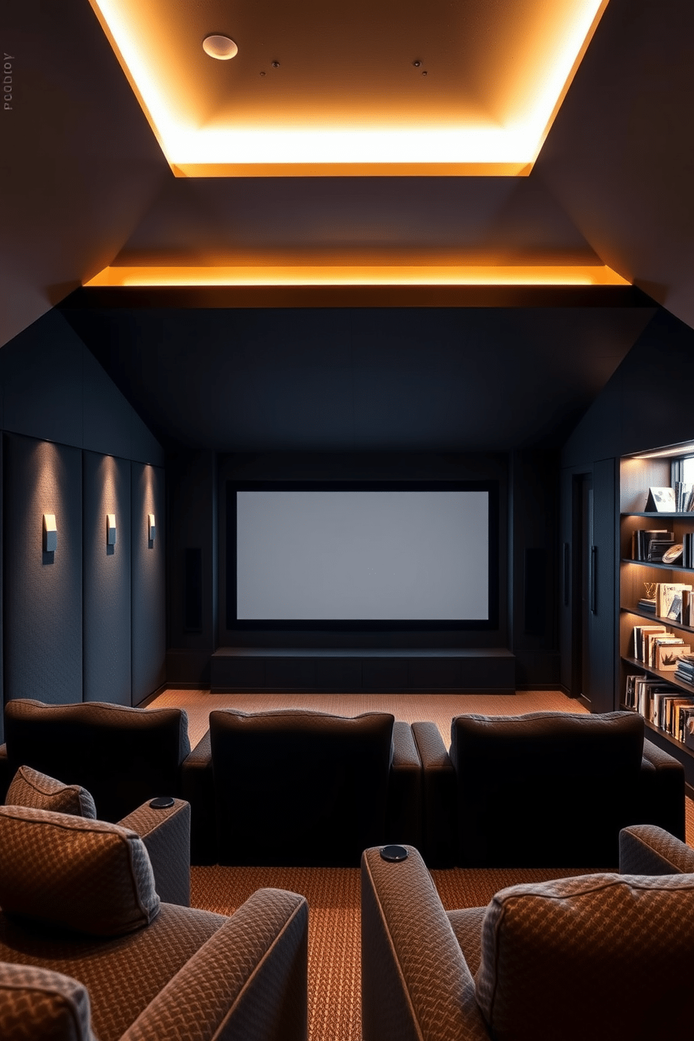 A sleek home theater with soundproofing features dark, plush seating arranged in a semi-circle facing a large, ultra-high-definition screen. The walls are lined with acoustic panels, and ambient lighting softly illuminates the space, creating an immersive cinematic experience. The attic design features a cozy reading nook with built-in shelves filled with books and a large window providing natural light. The space is adorned with soft, textured furnishings and a warm color palette that invites relaxation and creativity.