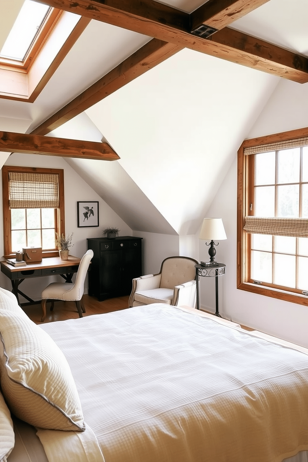 Cozy guest suite with a reading corner. The room features a plush queen-sized bed adorned with soft, textured linens, and a vintage armchair is nestled in a cozy nook beside a large window, perfect for reading. Attic design ideas. The space is transformed with sloped ceilings painted in a soft white, accented by exposed wooden beams, and a small workspace is created with a rustic desk and a comfortable chair under a skylight for natural light.