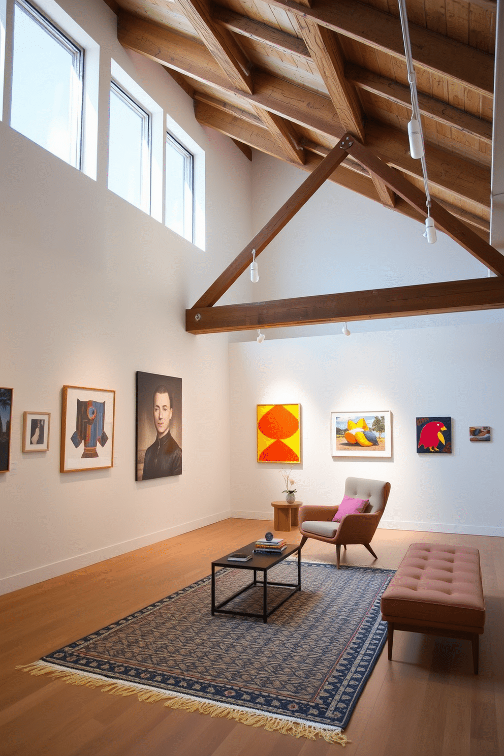 Artistic gallery space for showcasing work. The walls are painted in a crisp white, providing a clean backdrop for vibrant artworks. Large windows allow natural light to flood the room, enhancing the colors of the pieces displayed. Minimalist furniture, such as sleek benches and low tables, is strategically placed to invite visitors to linger. Attic Design Ideas. The space features exposed wooden beams and a cozy reading nook with a plush armchair and a small bookshelf. Soft, warm lighting creates an inviting atmosphere, while a neutral color palette with pops of color in the decor adds personality to the room. A stylish area rug anchors the seating area, making it a perfect retreat.