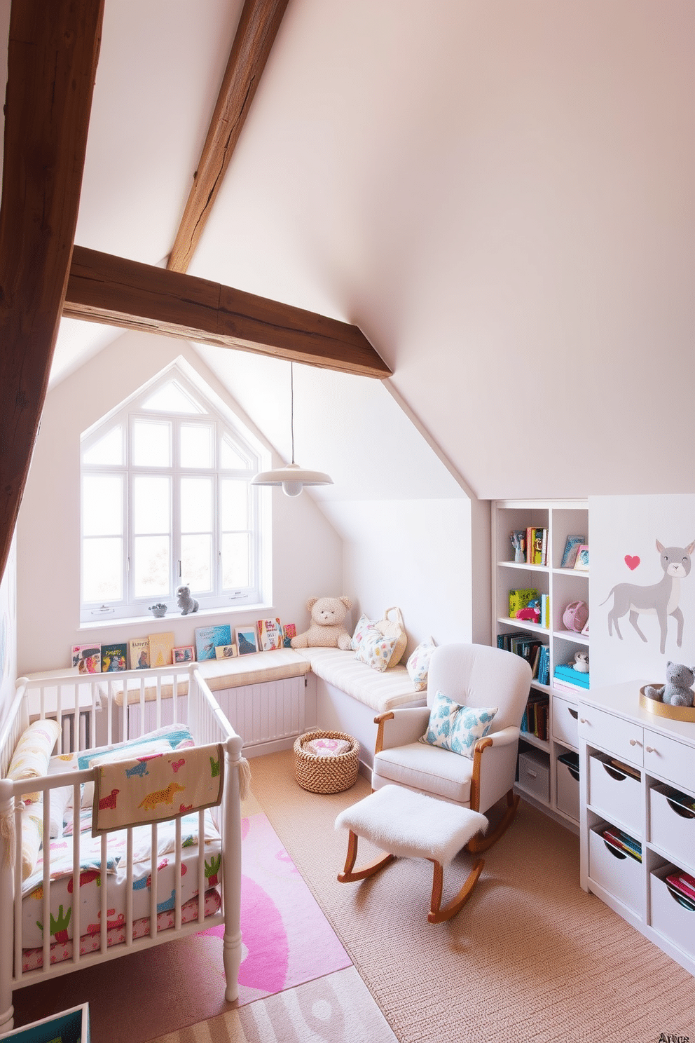 A stylish nursery filled with playful decor features a soft pastel color palette, with a whimsical mural of animals on one wall. The room includes a cozy crib adorned with colorful bedding, a plush rocking chair in the corner, and shelves lined with vibrant children's books and stuffed toys. The attic design showcases a serene retreat with sloped ceilings painted in a light, airy hue. It incorporates a comfortable reading nook with a built-in bench, surrounded by large windows that flood the space with natural light, and rustic wooden beams that add charm and warmth.