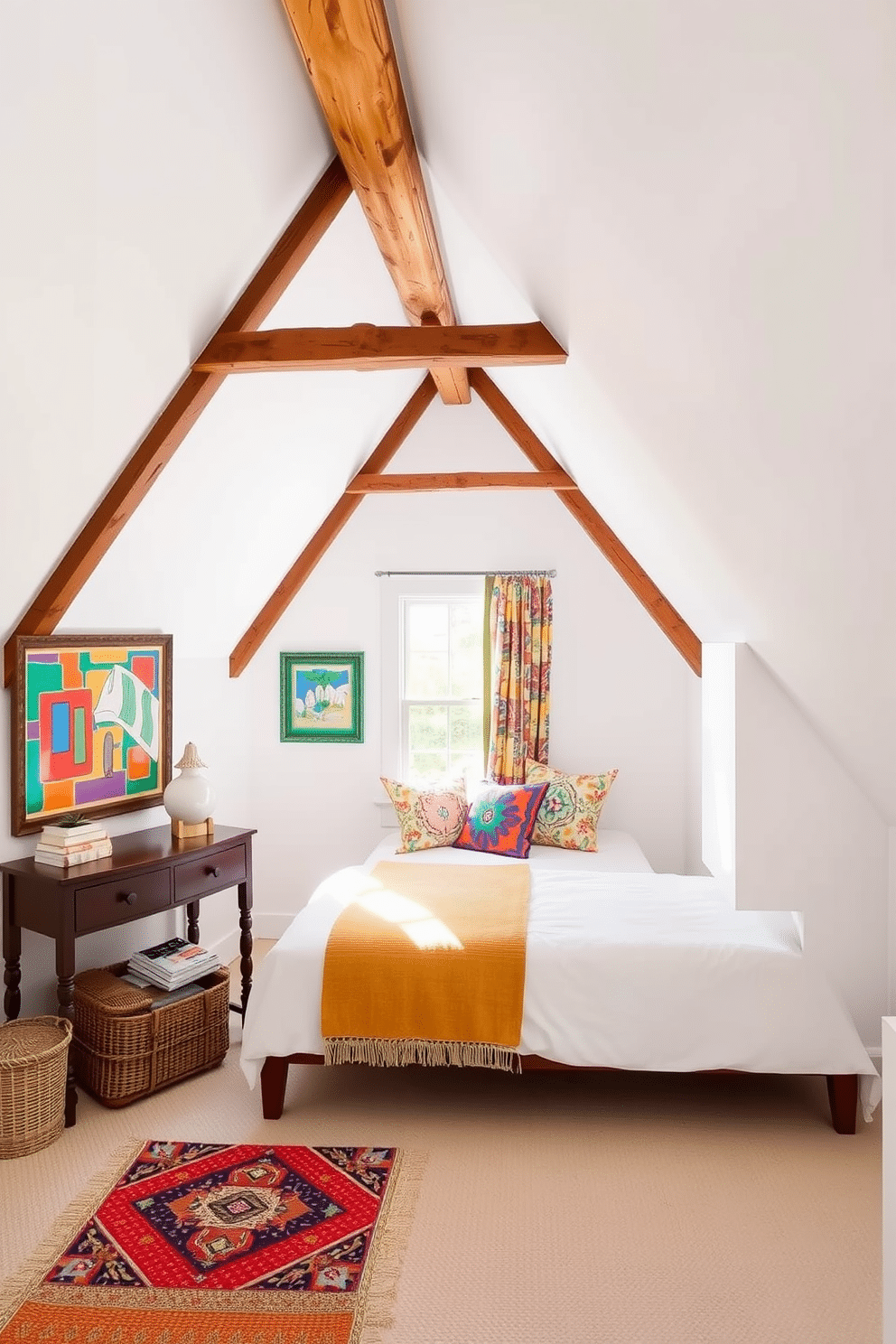 Bright white walls create a fresh and airy atmosphere, complemented by colorful accents in the form of vibrant artwork and decorative pillows. The attic features exposed wooden beams, adding character and warmth, while a cozy reading nook is nestled by a window adorned with colorful curtains.