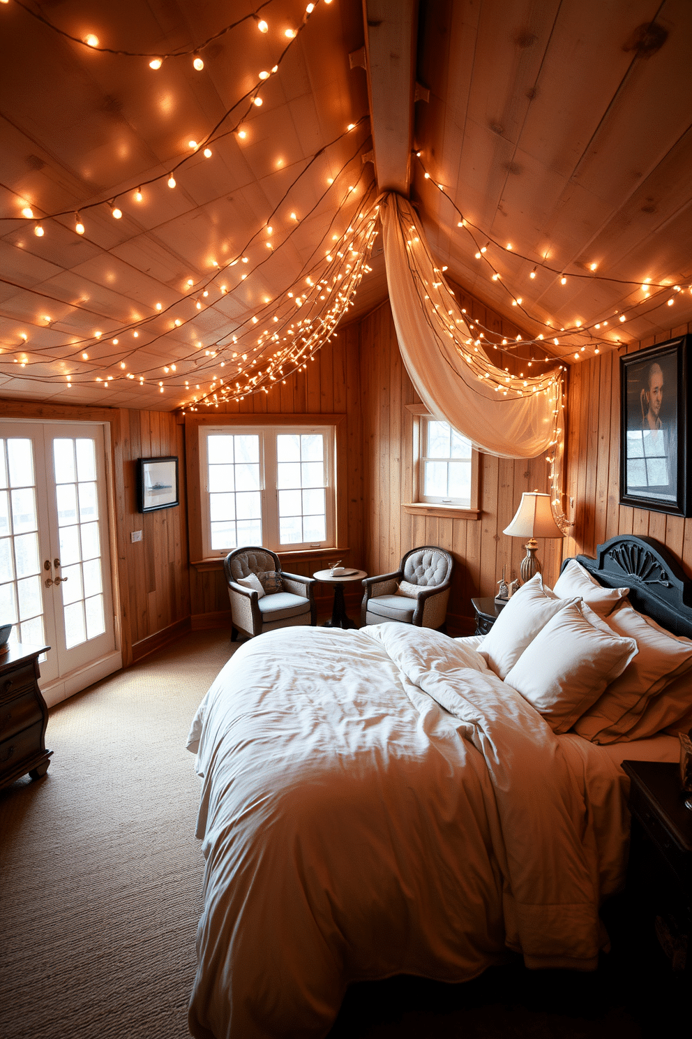 A romantic getaway featuring a cozy attic space adorned with soft fairy lights that twinkle gently overhead. The room is furnished with a plush, oversized bed draped in luxurious linens, complemented by vintage wooden accents and a warm, inviting color palette. The walls are lined with rustic wood paneling, creating an intimate atmosphere, while large windows allow natural light to flood in. A small seating area with comfortable chairs and a vintage coffee table is nestled in one corner, perfect for enjoying quiet moments together.