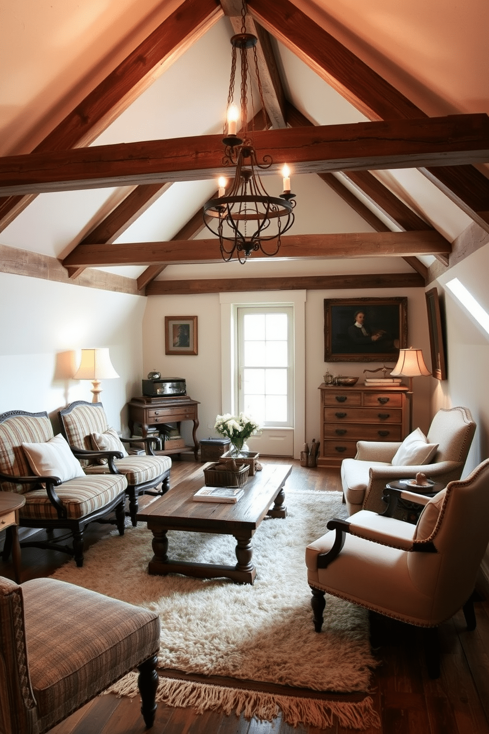 A cozy attic space featuring vintage furniture that exudes a rustic vibe. The room includes a reclaimed wood coffee table surrounded by mismatched upholstered chairs, with a plush area rug anchoring the seating area. The walls are adorned with exposed wooden beams and vintage artwork, creating a warm and inviting atmosphere. Soft, ambient lighting from a wrought iron chandelier enhances the charm of the space while highlighting the unique character of the furniture.