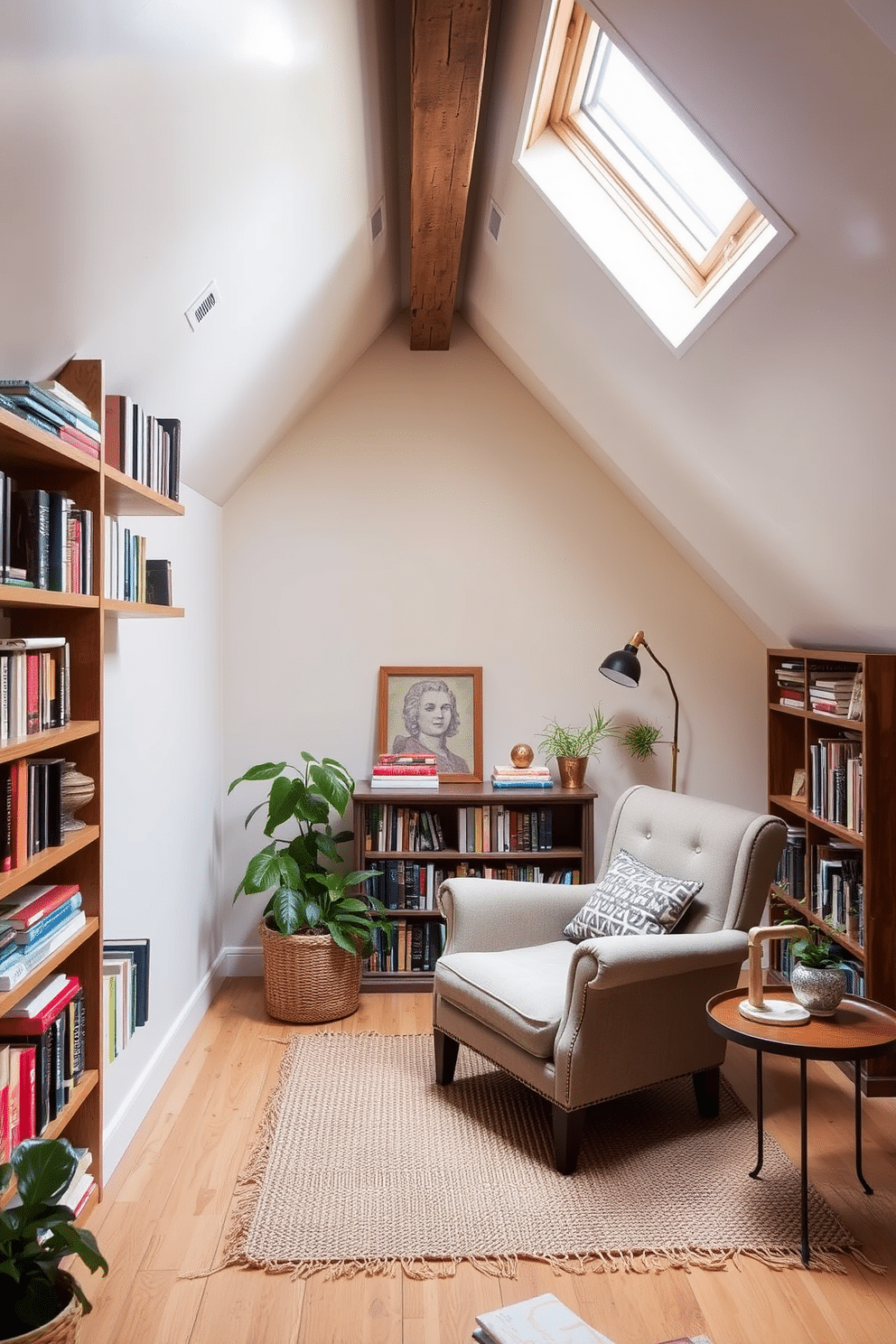 A cozy attic space features open shelving along the slanted walls, showcasing a curated collection of books and decorative items. The shelves are made of reclaimed wood, adding warmth to the room, while a plush reading nook with a vintage armchair invites relaxation. Natural light floods the area through a skylight, illuminating the soft color palette of the walls and furnishings. A woven rug anchors the space, and potted plants bring a touch of greenery, enhancing the inviting atmosphere of this charming attic retreat.