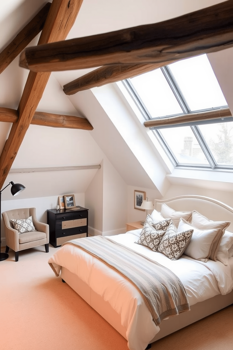 A chic bedroom nestled in an attic, featuring a large skylight window that floods the space with natural light. The walls are painted in a soft, warm white, complemented by rustic wooden beams that add character and charm. A plush king-sized bed takes center stage, adorned with luxurious linens and an array of decorative pillows. To one side, a cozy reading nook with a stylish armchair and a small side table invites relaxation, while a contemporary floor lamp provides warm illumination.