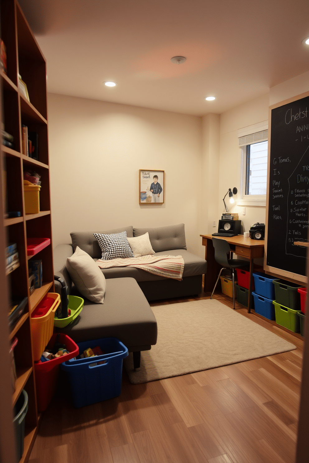 A cozy multi-functional space designed for guests and play. The area features a comfortable sofa that converts into a bed, surrounded by colorful storage bins for toys and games. Soft, ambient lighting illuminates the room, creating a warm and inviting atmosphere. A small desk area is tucked into one corner, complete with a stylish chair and a chalkboard wall for creative activities.