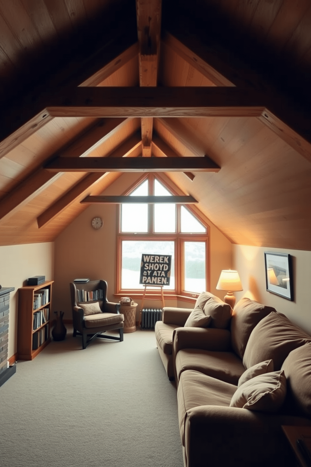 A cozy attic retreat features warm wooden beams and soft, ambient lighting that creates an inviting atmosphere. The walls are painted in a warm beige, complemented by plush, oversized furniture in earthy tones, perfect for relaxation. In one corner, a reading nook is adorned with a comfortable armchair and a small bookshelf filled with well-loved novels. A large window allows natural light to flood in, showcasing a view of the surrounding landscape and enhancing the cozy vibe.