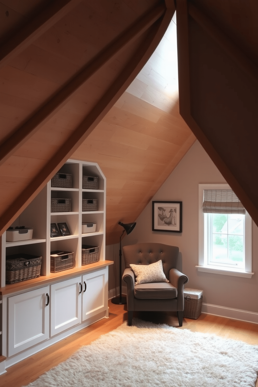 A cozy attic space features creative storage solutions under the eaves, incorporating built-in shelves and cabinets that blend seamlessly with the sloped ceiling. Soft, ambient lighting highlights the natural wood beams, while a plush area rug adds warmth to the room, creating an inviting atmosphere. The design includes a reading nook with a comfortable armchair positioned near a window, offering a perfect spot to relax. Decorative baskets and boxes are neatly arranged on the shelves, providing both functionality and a touch of style to the overall aesthetic.