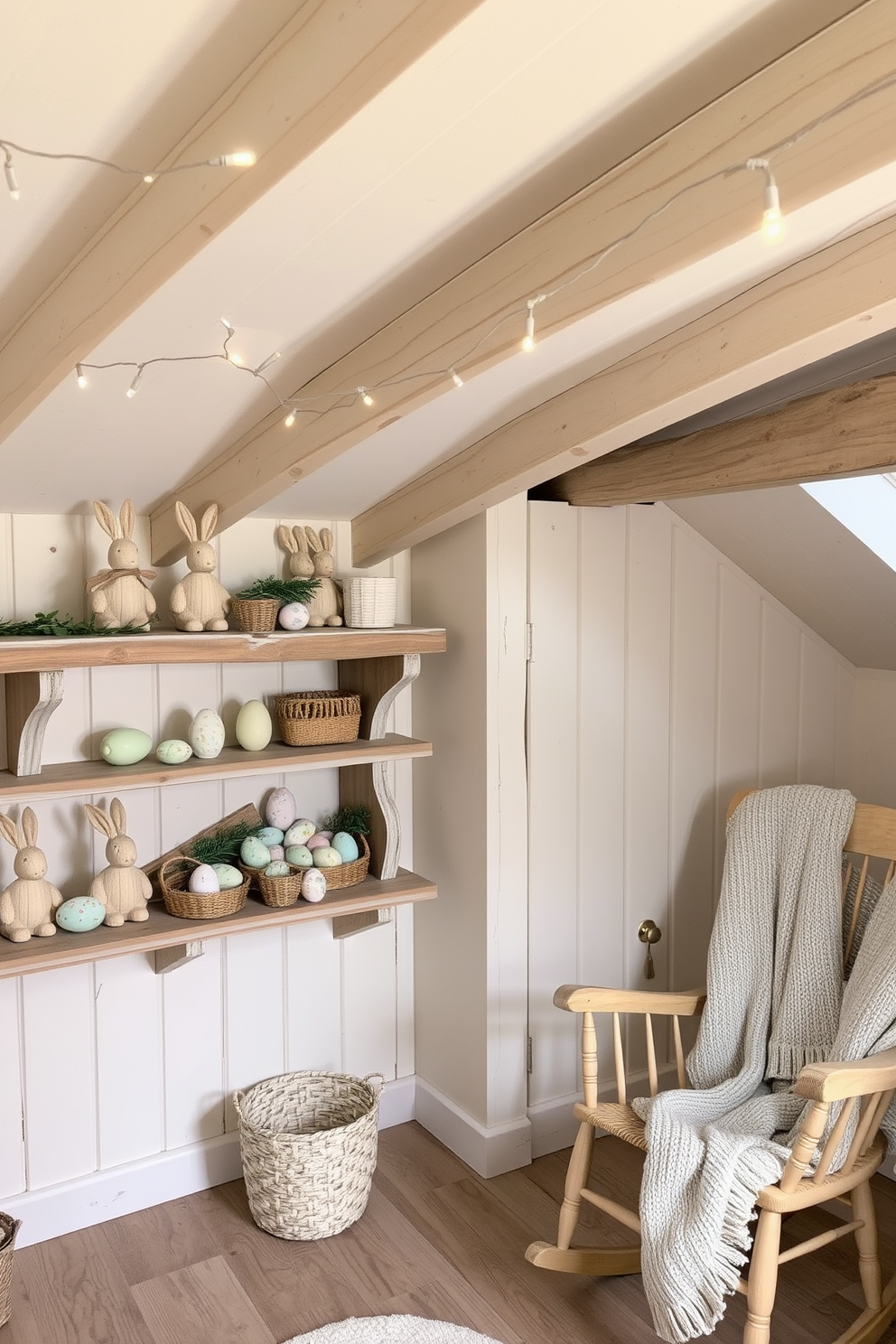 A cozy attic space is adorned with rustic wooden bunnies placed on weathered wooden shelves. The shelves are filled with pastel-colored Easter eggs, soft woven baskets, and sprigs of fresh greenery, creating a charming and festive atmosphere. The sloped ceiling is painted in a soft, creamy white, complementing the exposed wooden beams and floor. Delicate fairy lights are draped across the beams, casting a warm glow over the room, while a vintage rocking chair with a knitted throw sits invitingly in the corner.