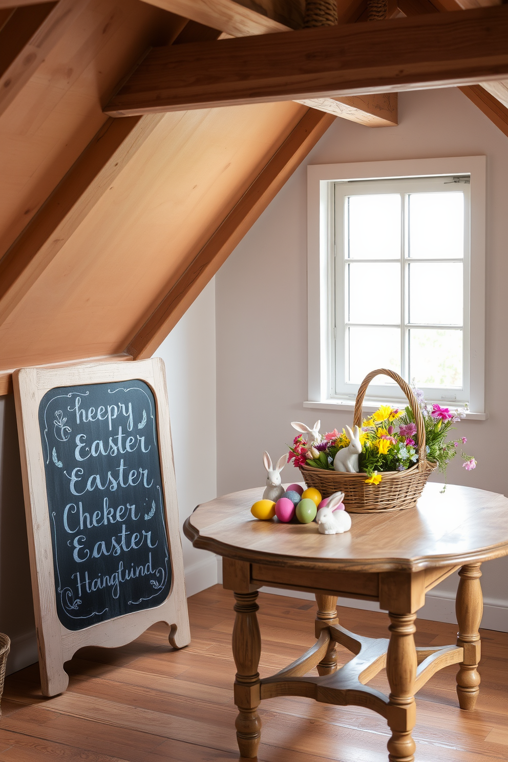 A cozy attic space adorned with charming Easter decorations. A vintage chalkboard stands against the wall, showcasing cheerful Easter greetings written in elegant pastel chalk. Across the room, an antique wooden table is set with vibrant Easter eggs, delicate bunny figurines, and a woven basket filled with colorful spring flowers. Soft, natural light filters through the attic window, illuminating the festive scene and casting a warm glow on the rustic wooden beams above.