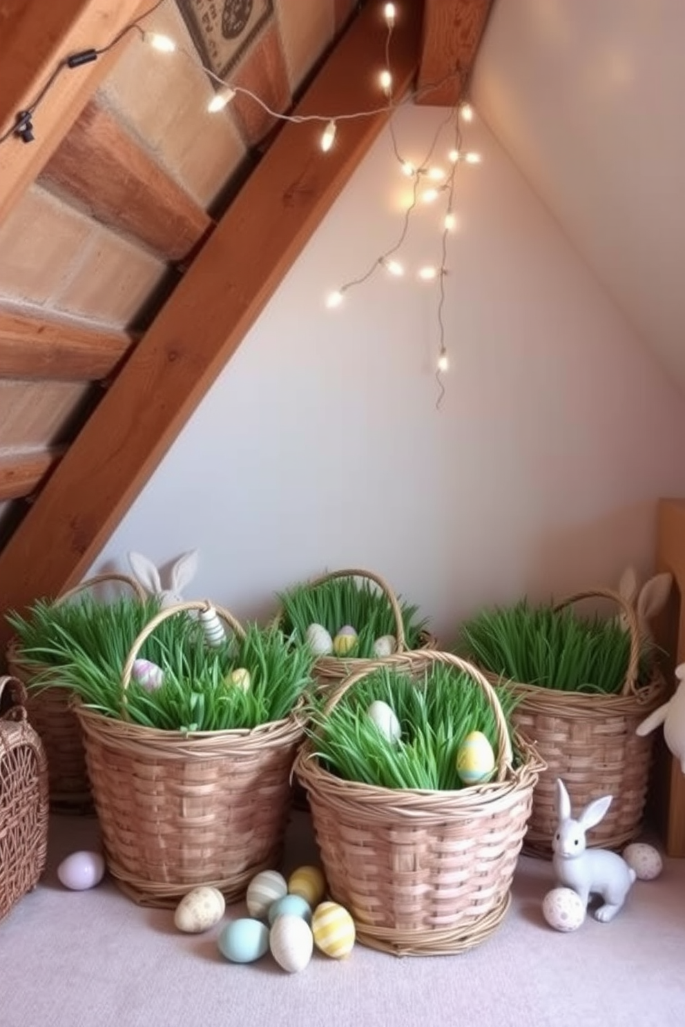 A cozy attic space adorned with vintage baskets filled with faux grass. Soft pastel colors dominate the room, with decorative Easter eggs and bunnies placed carefully around the baskets, creating a charming and festive atmosphere. The wooden beams and exposed brick walls add a rustic touch to the attic. Delicate fairy lights are strung across the ceiling, casting a warm glow over the vintage baskets and the whimsical Easter decorations scattered throughout the space.