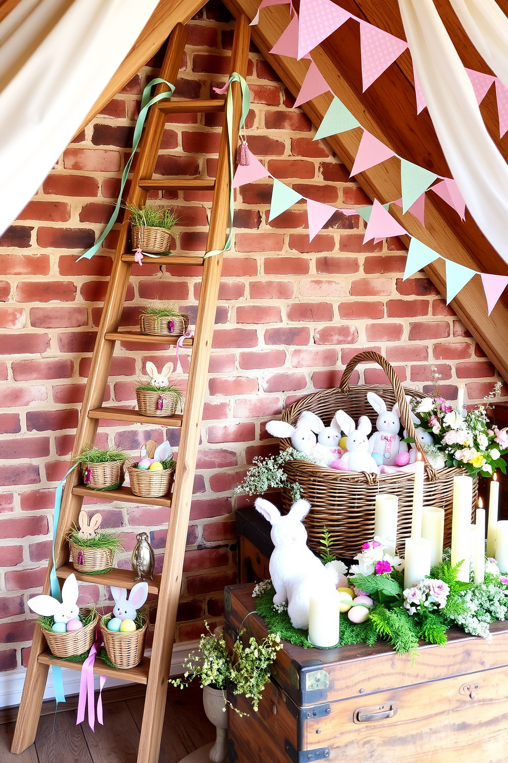 A wooden ladder leans against a rustic brick wall, adorned with pastel-colored Easter eggs and wooden bunny cutouts. Each rung of the ladder holds a small basket filled with faux grass and chocolate eggs, while colorful ribbons and fairy lights wrap around the sides, creating a whimsical display. In a cozy attic space with exposed wooden beams, a large wicker basket filled with plush bunny toys and painted eggs sits in the corner. Soft pastel bunting hangs from the rafters, and a vintage wooden trunk serves as a display table for an array of spring flowers and Easter-themed candles.