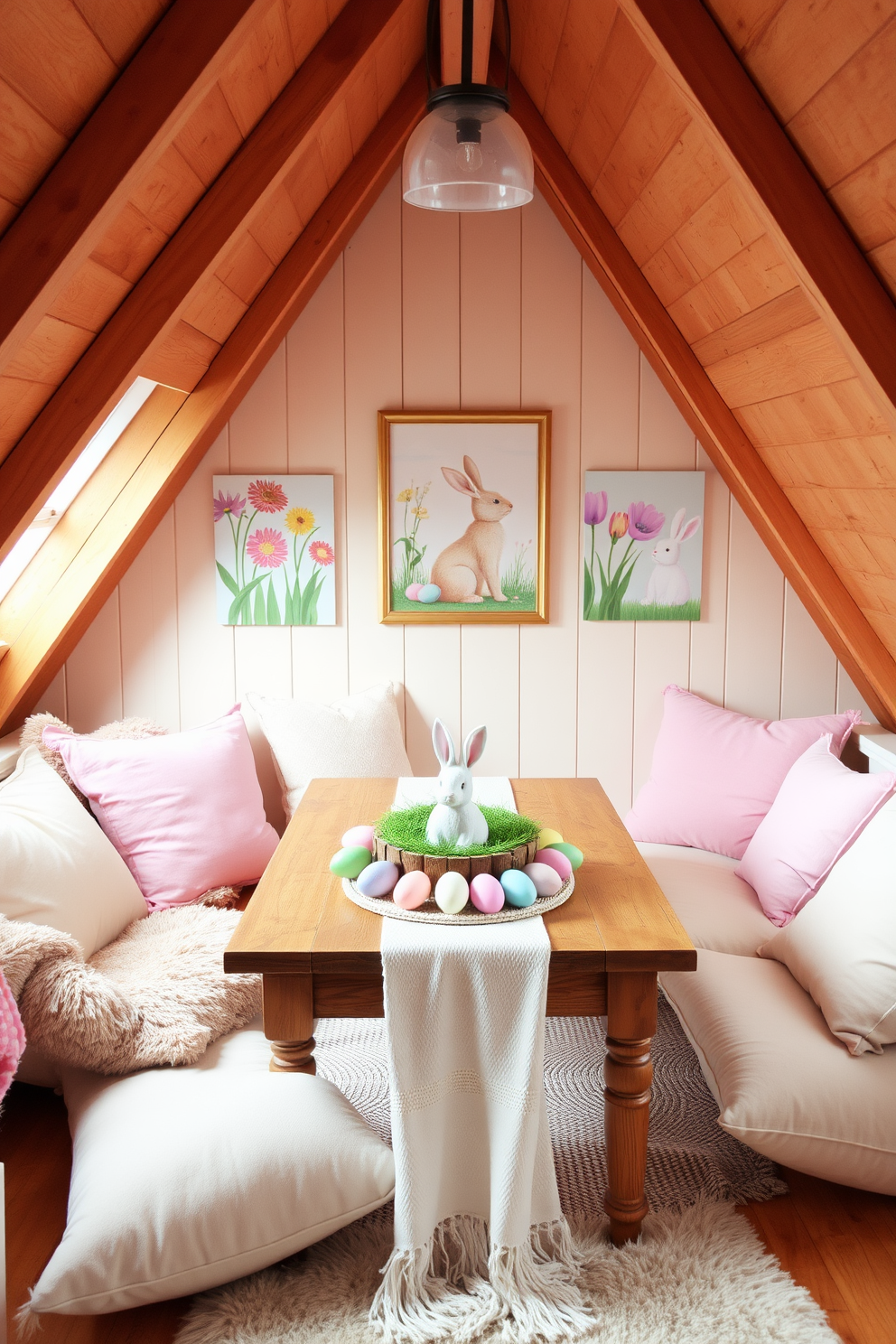 A cozy attic space decorated for Easter. The walls are adorned with spring-themed artwork, featuring vibrant flowers and playful bunnies. In the center of the room, a wooden table is set with pastel-colored Easter eggs and a decorative bunny centerpiece. Soft, pastel-colored cushions and throws are scattered around for a comfortable, festive atmosphere.