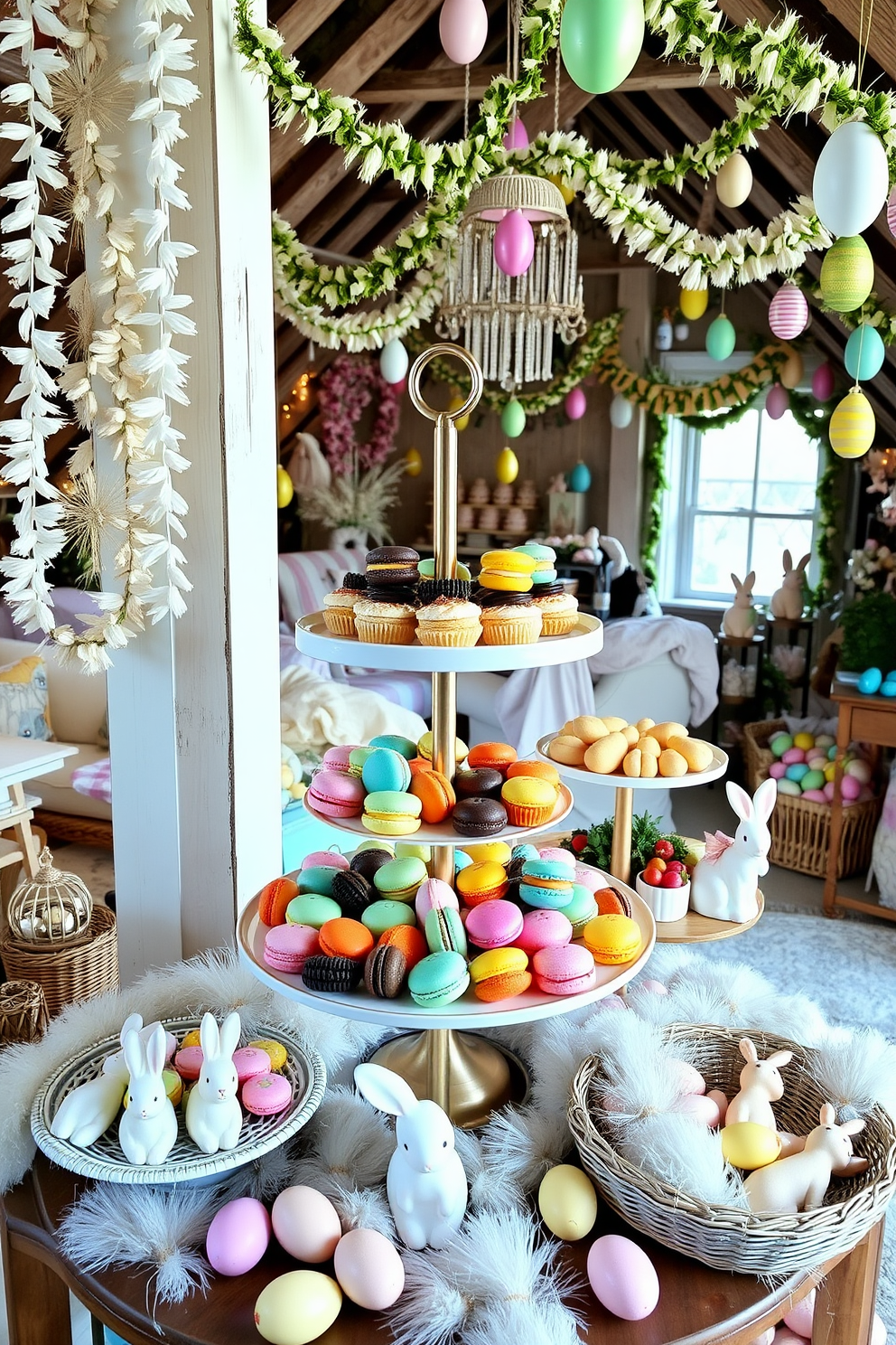 A charming display of tiered trays laden with an assortment of delightful treats. The trays feature an array of colorful macarons, delicate pastries, and fresh fruit, all beautifully arranged to create a visually appealing and mouth-watering presentation. An enchanting attic transformed with Easter decorations, featuring pastel-colored garlands and whimsical bunny figurines. The space is filled with soft, cozy textiles and adorned with festive egg ornaments, creating a warm and inviting atmosphere for the holiday.