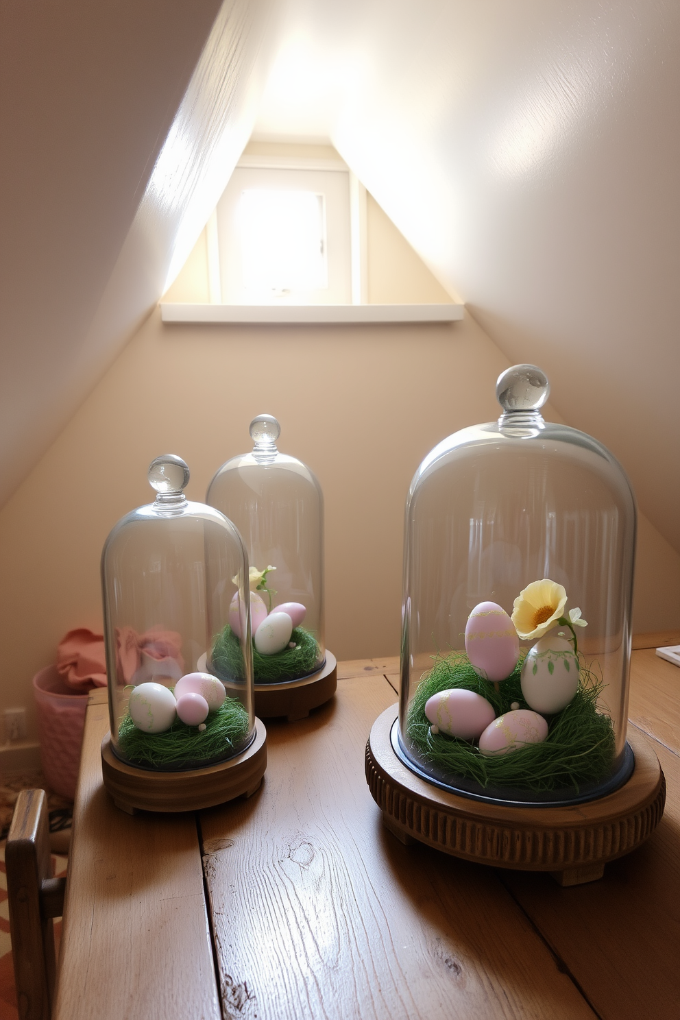 In a cozy attic space, glass cloches showcase an assortment of intricately decorated Easter eggs. The eggs, adorned with pastel colors and delicate patterns, sit atop a rustic wooden table, adding a touch of elegance to the festive decor. Soft sunlight filters through a small window, casting a warm glow on the scene. The attic walls, painted in a soft cream hue, provide a perfect backdrop for the vibrant Easter decorations, creating a charming and inviting atmosphere.