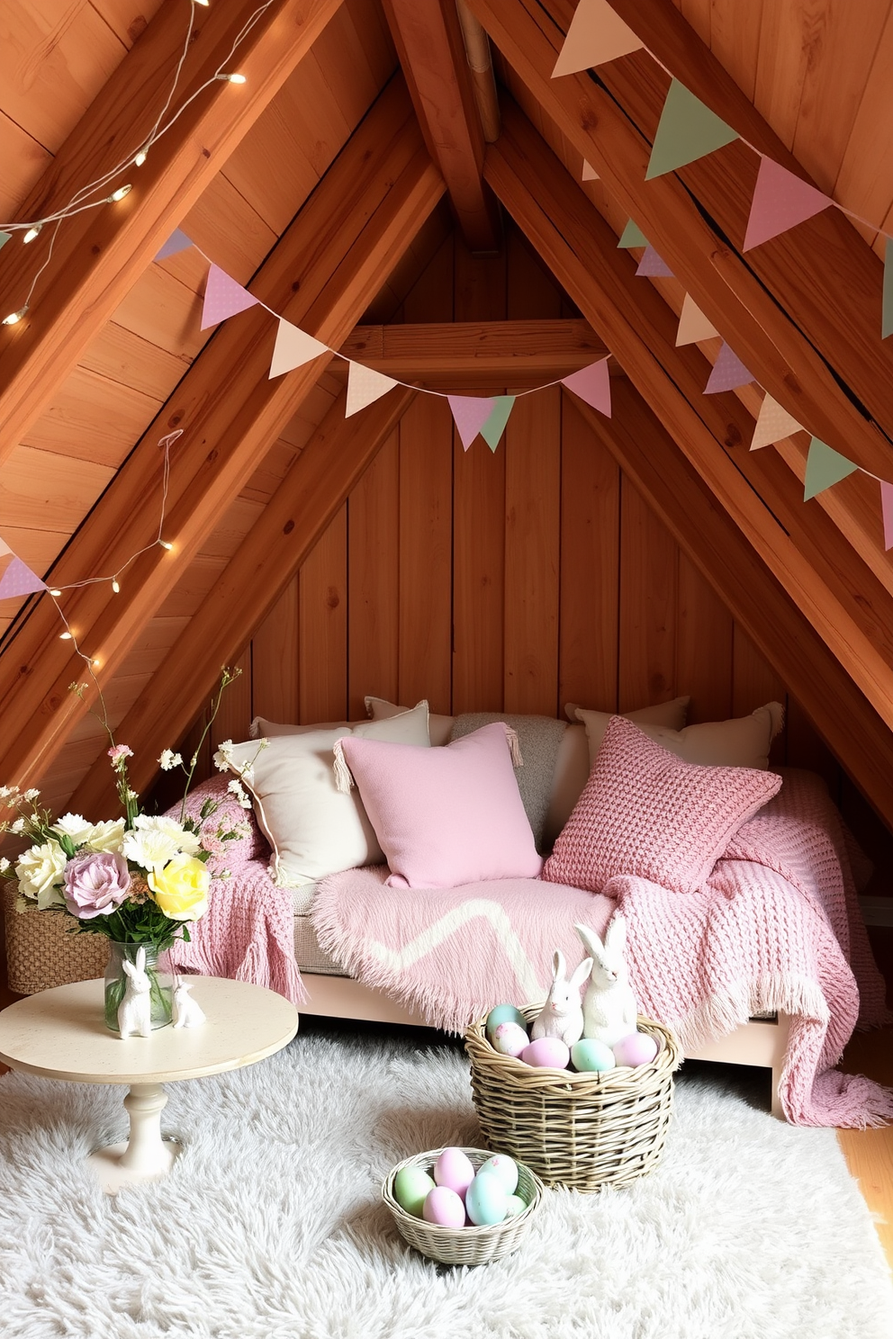 A cozy attic space decorated for Easter. There are floral centerpieces featuring pastel-colored flowers and small bunny figurines scattered around. The wooden beams of the attic are adorned with string lights and pastel-colored bunting. A plush seating area with soft cushions and throws in pastel hues invites relaxation, while a small table holds a basket filled with decorated Easter eggs.