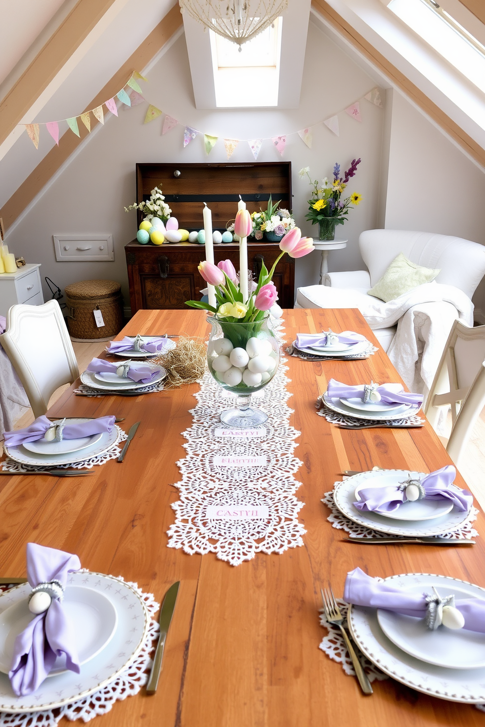 An elegant Easter-themed table setting. A long wooden table is adorned with a pastel-colored table runner, featuring intricate lace details. At each place setting, there are white ceramic plates with gold trim, complemented by lavender-hued napkins tied with delicate rabbit-shaped napkin rings. The centerpiece is a large glass vase filled with fresh tulips in shades of pink, yellow, and white, surrounded by small decorative Easter eggs and candles in soft pastel colors. Charming attic Easter decorating ideas. The attic space is transformed into a cozy Easter retreat, with soft natural light streaming through the skylights. A vintage wooden chest is repurposed as a display for a collection of hand-painted Easter eggs, nestled in a bed of straw. The walls are decorated with pastel-colored bunting and whimsical paper flowers, while a plush armchair is draped with a light floral throw, perfect for curling up with a good book.