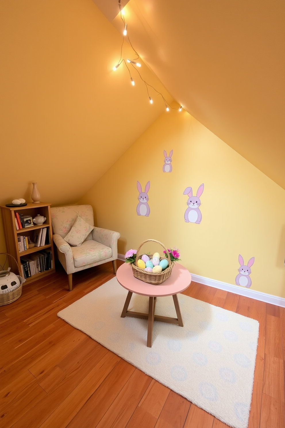 A cozy attic space decorated for Easter, featuring whimsical bunny wall decals on the pale yellow walls. The wooden floor is adorned with a pastel-colored rug, and a small table in the center holds a basket filled with colorful Easter eggs and spring flowers. Above the table, a string of fairy lights is draped along the slanted ceiling beams, adding a warm glow to the room. In one corner, a plush armchair with a floral pattern sits next to a small bookshelf, which holds a mix of Easter-themed books and decorative items.