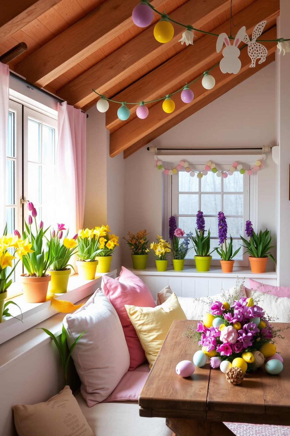 Potted spring flowers on windowsills. Brightly colored pots filled with blooming tulips, daffodils, and hyacinths are lined up along the windowsills, bringing a burst of springtime cheer into the room. The windows are draped with light, airy curtains that flutter gently in the breeze, enhancing the fresh and vibrant atmosphere created by the flowers. Attic Easter Decorating Ideas. Transform the attic into a whimsical Easter wonderland with pastel-colored decorations, including garlands of paper eggs and bunnies hanging from the rafters. A cozy reading nook is adorned with soft cushions and throws in shades of pink, yellow, and lavender, while a rustic wooden table is set with a charming Easter-themed centerpiece featuring a mix of fresh flowers and decorative eggs.