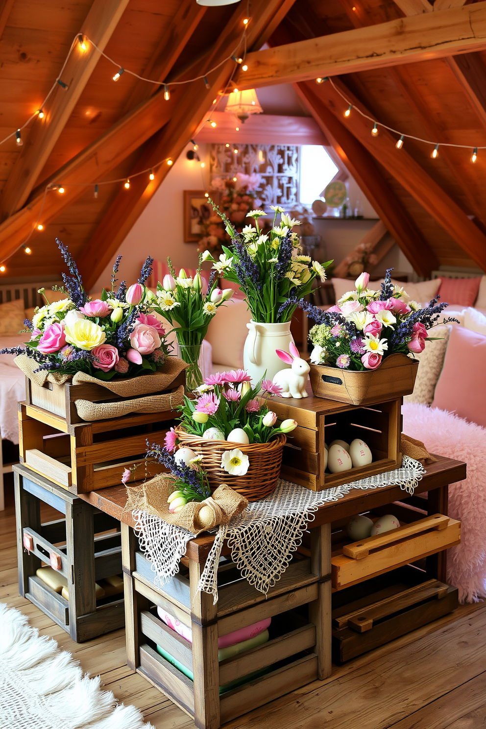 Floral arrangements in vintage crates. Imagine a rustic setting where weathered wooden crates are filled with a variety of colorful flowers such as peonies, daisies, and lavender. The crates are arranged on a wooden table, with some stacked at different heights to create a charming, layered effect. Each crate is lined with burlap, and the flowers are loosely arranged to give a natural, effortless look. A few sprigs of greenery spill over the edges, adding a touch of wildness to the arrangement. Attic Easter Decorating Ideas. Envision an attic space transformed into a cozy Easter retreat, with pastel-colored decorations and soft lighting. The room features a vintage wooden table set with a white lace tablecloth, upon which an assortment of Easter-themed decor items are placed. Think hand-painted eggs in a wicker basket, a vase of fresh tulips, and a ceramic bunny centerpiece. Fairy lights are strung across the wooden beams, casting a warm glow, while a fluffy rug and throw pillows in pastel shades create a comfortable seating area.