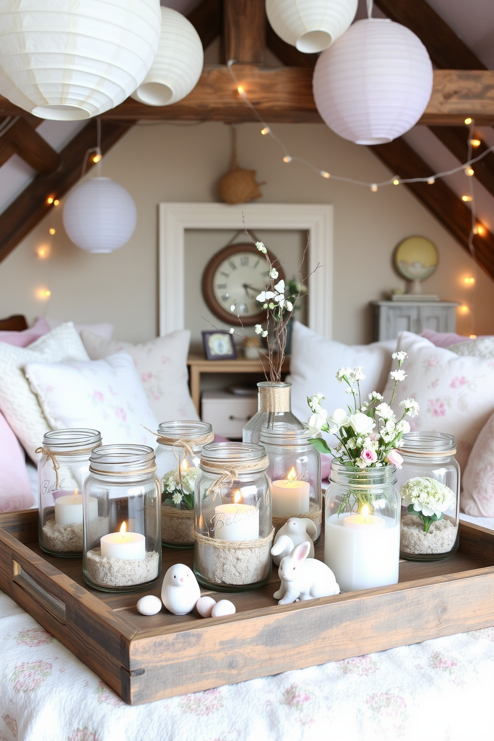 Upcycled jars as candle holders. Arrange a collection of glass jars of various sizes, cleaned and stripped of labels, on a rustic wooden tray. Fill each jar with a small amount of sand or pebbles at the bottom, then place a tealight or small pillar candle inside. Decorate the jars with twine, lace, or small charms to add a personal touch. Position the tray on a coffee table or mantel to create a cozy, eco-friendly ambiance. Attic Easter Decorating Ideas. Transform your attic into a whimsical Easter haven by hanging pastel-colored paper lanterns and garlands from the ceiling beams. Arrange a vintage wooden table covered with a floral tablecloth in the center of the room, and set it with mismatched china and a variety of spring-themed decorations such as ceramic bunnies, painted eggs, and fresh flowers in mason jars. Create a cozy seating area with plush cushions and blankets in soft pastel hues. Add a touch of magic with string lights draped along the walls and around windows, enhancing the festive atmosphere.