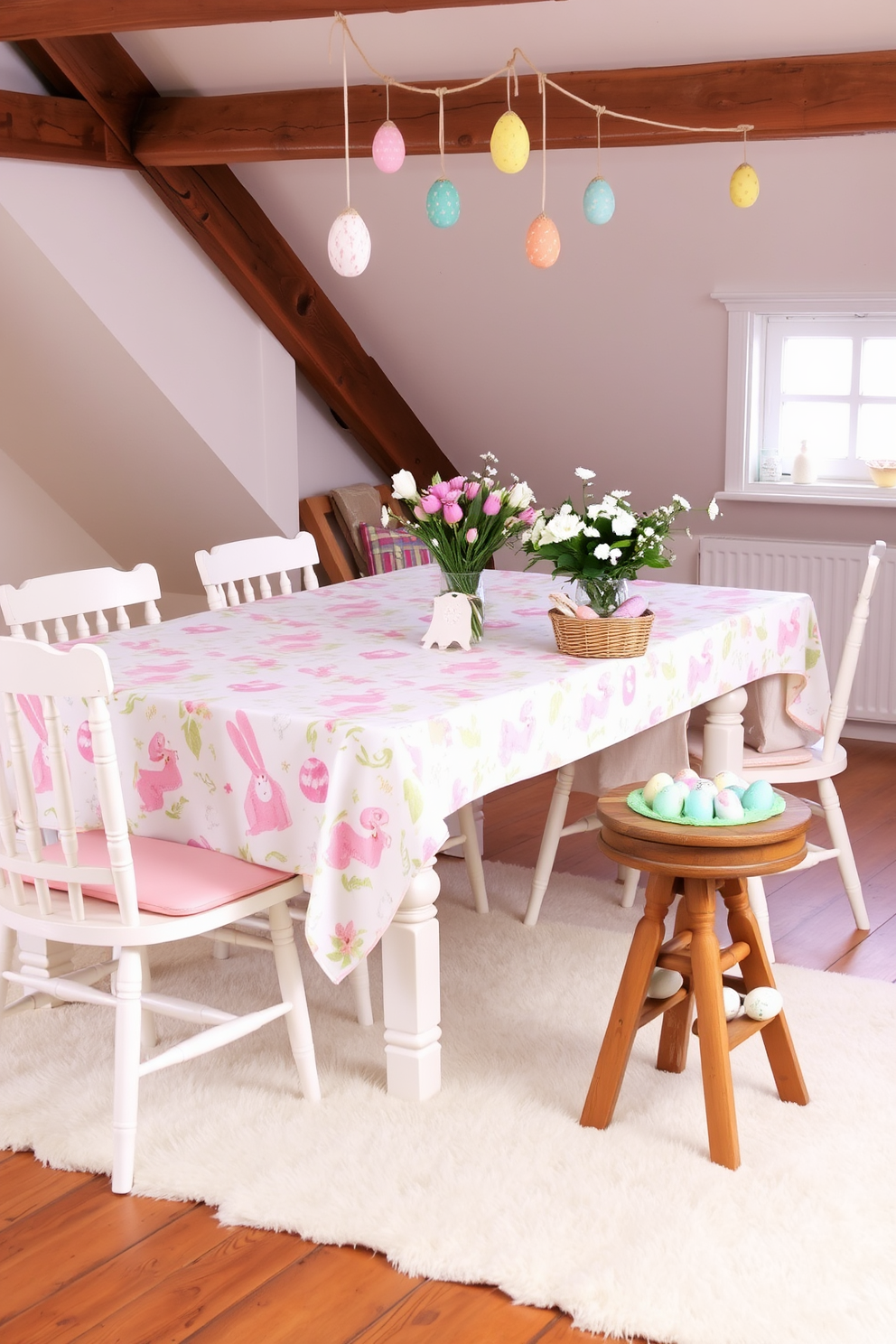 An Easter-themed tablecloth draped over a rustic wooden table, adorned with pastel-colored patterns of bunnies, eggs, and flowers. Surrounding the table are white wooden chairs, each with a pastel-colored cushion, creating a festive and welcoming ambiance. In a cozy attic space, decorative Easter eggs hang from the ceiling beams, and a soft, pastel-colored rug covers the wooden floor. On a small wooden table, a vase filled with fresh spring flowers sits next to a basket of painted Easter eggs, bringing a touch of holiday cheer to the room.