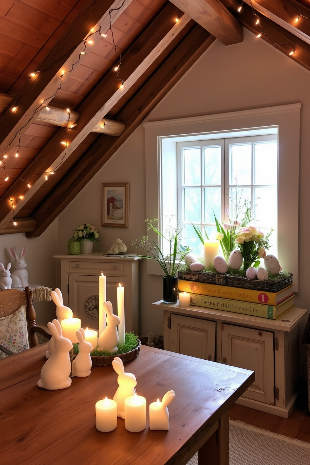 In a cozy attic setting, place several bunny-shaped candles of varying sizes on a rustic wooden table near the window. The soft glow from the candles creates a warm ambiance, complementing the pastel-colored Easter decorations scattered around the room. Incorporate the bunny-shaped candles into a charming Easter vignette on a vintage bookshelf, surrounded by fresh spring flowers and delicate porcelain eggs. The attic's exposed wooden beams and soft fairy lights enhance the festive and whimsical atmosphere, making it a perfect space for Easter celebrations.