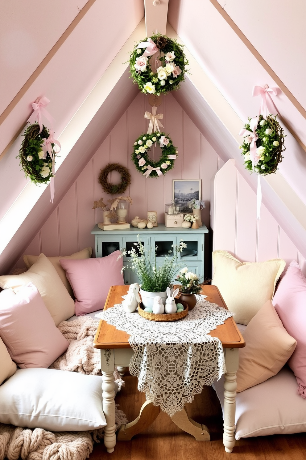 A cozy attic space decorated for Easter. The walls are adorned with hanging wreaths in pastel colors, featuring delicate flowers and ribbons. A vintage wooden table sits in the center, covered with a lace tablecloth and an assortment of Easter-themed decorations. Soft pastel cushions and throws are scattered around, creating a warm and inviting atmosphere.