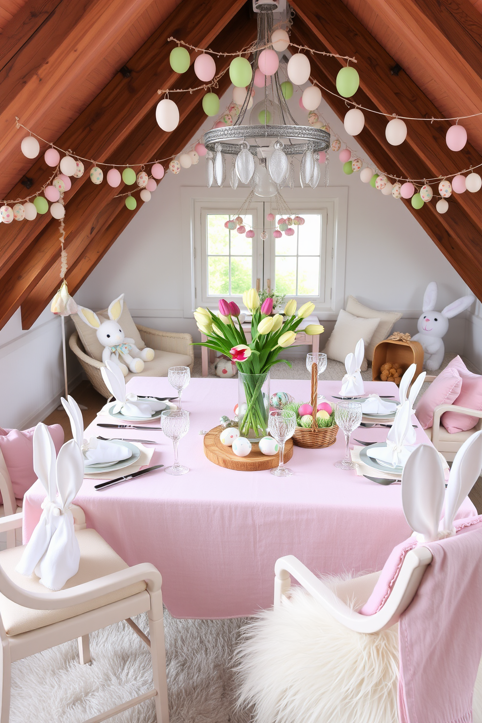 A cozy dining table set for a spring meal. Bunny ear napkin holders in pastel colors are placed at each setting, adding a whimsical touch to the white linen napkins. The table is adorned with a light pink tablecloth and a centerpiece featuring fresh tulips in a clear glass vase. Each place setting includes white porcelain plates, silver cutlery, and crystal glasses, creating an elegant yet playful atmosphere. An attic transformed into a charming Easter wonderland. Soft pastel hues decorate the space, with garlands of paper eggs and bunnies hanging from the wooden beams. A small table is set up with an array of painted Easter eggs, baskets filled with faux grass, and plush bunny toys. Cozy seating areas with colorful throw pillows and a fluffy rug provide a comfortable spot for family gatherings and Easter egg hunts.