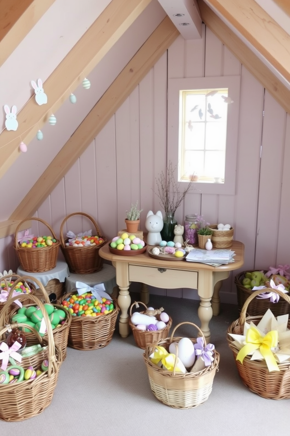 A cozy attic space decorated for Easter. There are several wicker baskets filled with colorful candy and decorated with pastel ribbons, placed strategically around the room. In the corner, a vintage wooden table is set up with Easter-themed crafts and decorations. The walls are adorned with delicate paper garlands featuring bunnies and eggs, adding a festive touch to the space.