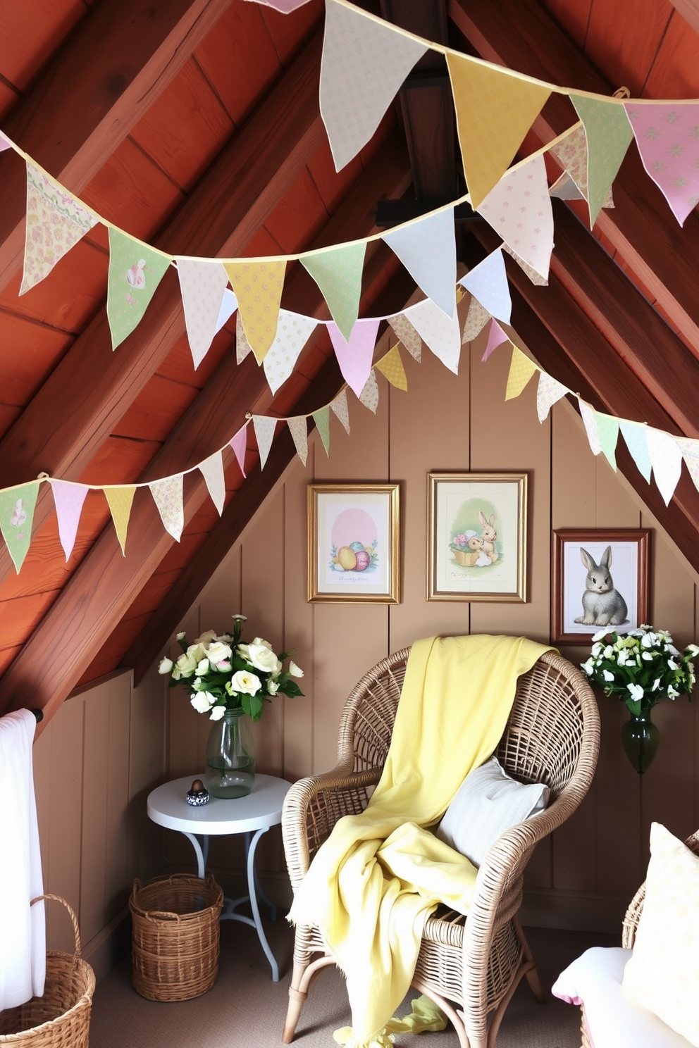 An attic decorated for Easter with fabric bunting hanging from the wooden beams. The bunting features pastel-colored fabrics with patterns of bunnies, eggs, and flowers, creating a festive atmosphere. In one corner, a cozy reading nook is set up with a wicker chair and a soft, pastel yellow blanket. The walls are adorned with framed vintage Easter prints, and a small table holds a vase filled with fresh spring flowers.