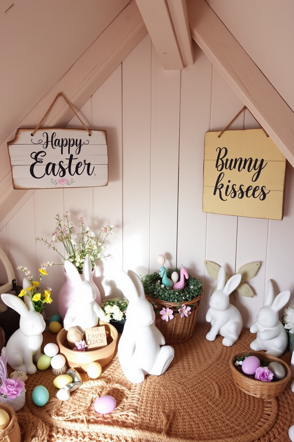 A cozy attic space decorated for Easter. Wooden signs with charming Easter quotes are hung on the walls, adding a rustic touch to the room. The signs feature messages like 