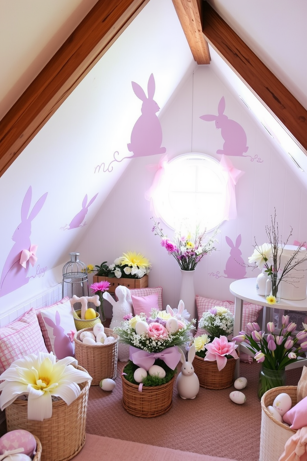 A cozy attic transformed into an Easter wonderland. Bunny silhouette cutouts adorn the walls, creating a whimsical and festive atmosphere. Soft pastel colors dominate the decor, with light pink, yellow, and lavender accents. An assortment of Easter-themed decorations, such as painted eggs and floral arrangements, are scattered throughout.