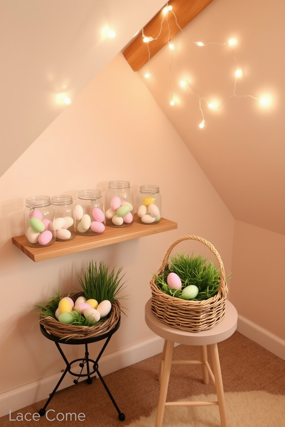 A cozy attic space decorated for Easter. Several glass jars filled with pastel-colored eggs are arranged on a wooden shelf, adding a touch of springtime charm. A wicker basket with faux grass and more pastel-colored eggs sits on a small table in the corner. Soft, white string lights are draped along the sloped ceiling, creating a warm and inviting atmosphere.