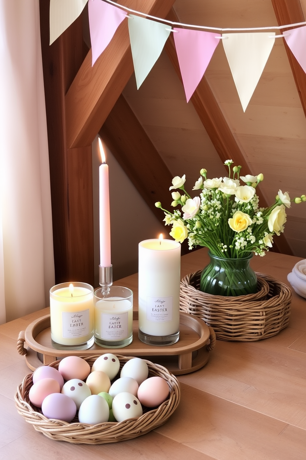 Seasonal scent candles in pastel colors are arranged on a wooden tray, creating a cozy ambiance. The candles are placed near a vase of fresh spring flowers, their soft hues complementing the pastel theme. Attic Easter decorating ideas include a charming display of hand-painted eggs in a wicker basket. Soft, pastel-colored bunting hangs from the wooden beams, adding a festive touch to the rustic space.