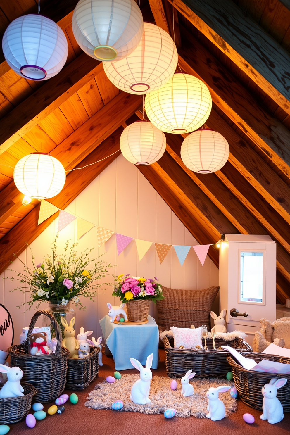 A cozy attic transformed for Easter celebrations. String paper lanterns from the wooden beams, casting a warm, inviting glow over the space. Decorate with pastel-colored bunting and floral arrangements in wicker baskets. Scatter Easter eggs and bunny figurines around the room, creating a whimsical and festive atmosphere.