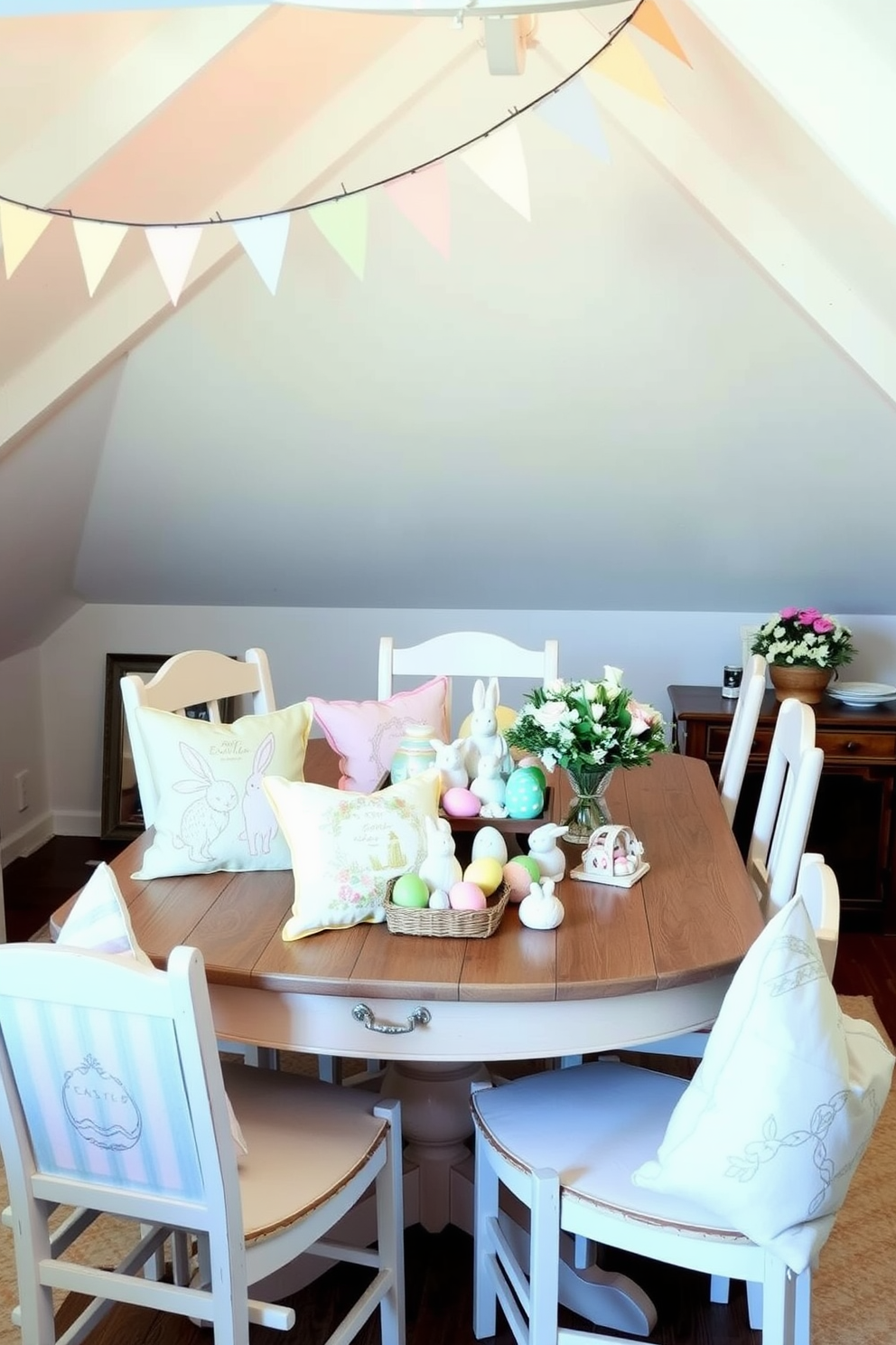 Easter-themed throw pillows on chairs. The chairs are arranged around a rustic wooden dining table, each adorned with a pastel-colored throw pillow featuring intricate Easter motifs such as bunnies, eggs, and floral patterns. The pillows are in soft shades of pink, yellow, and light blue, complementing the white wooden chairs and adding a festive touch to the room. Attic Easter Decorating Ideas. The attic is transformed into a cozy Easter retreat with string lights and pastel-colored bunting hanging from the ceiling beams. A small wooden table is set up with a display of Easter eggs, bunny figurines, and a basket filled with fresh flowers, creating a charming and inviting holiday atmosphere.