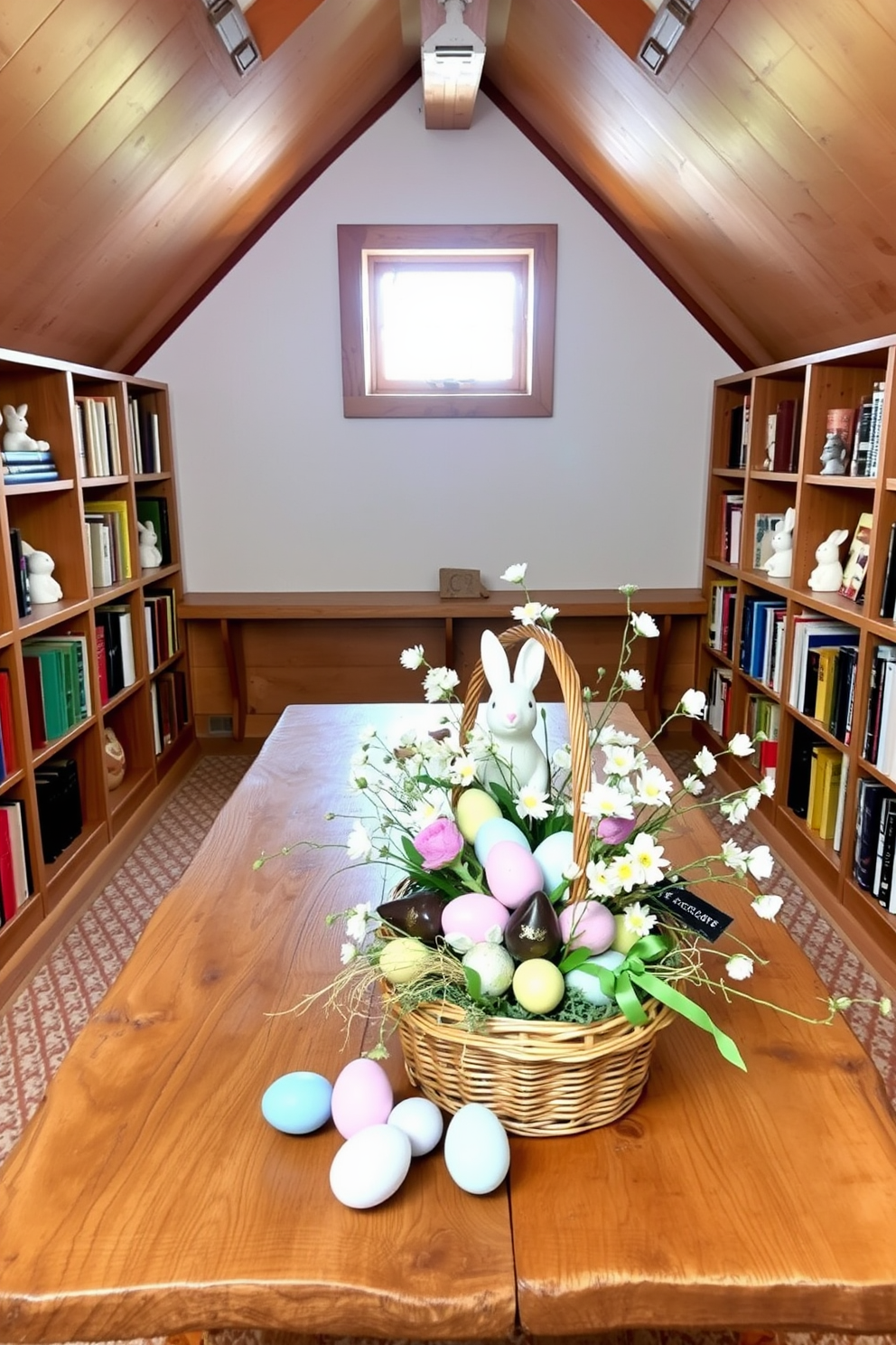 A cozy attic space transformed for Easter. Wooden bookshelves line the walls, filled with colorful books and charming bunny figurines nestled among the shelves. The centerpiece is a rustic wooden table adorned with pastel-colored Easter eggs, delicate spring flowers, and a woven basket filled with chocolate treats. Soft, natural light filters through a small window, casting a warm glow on the festive decorations.