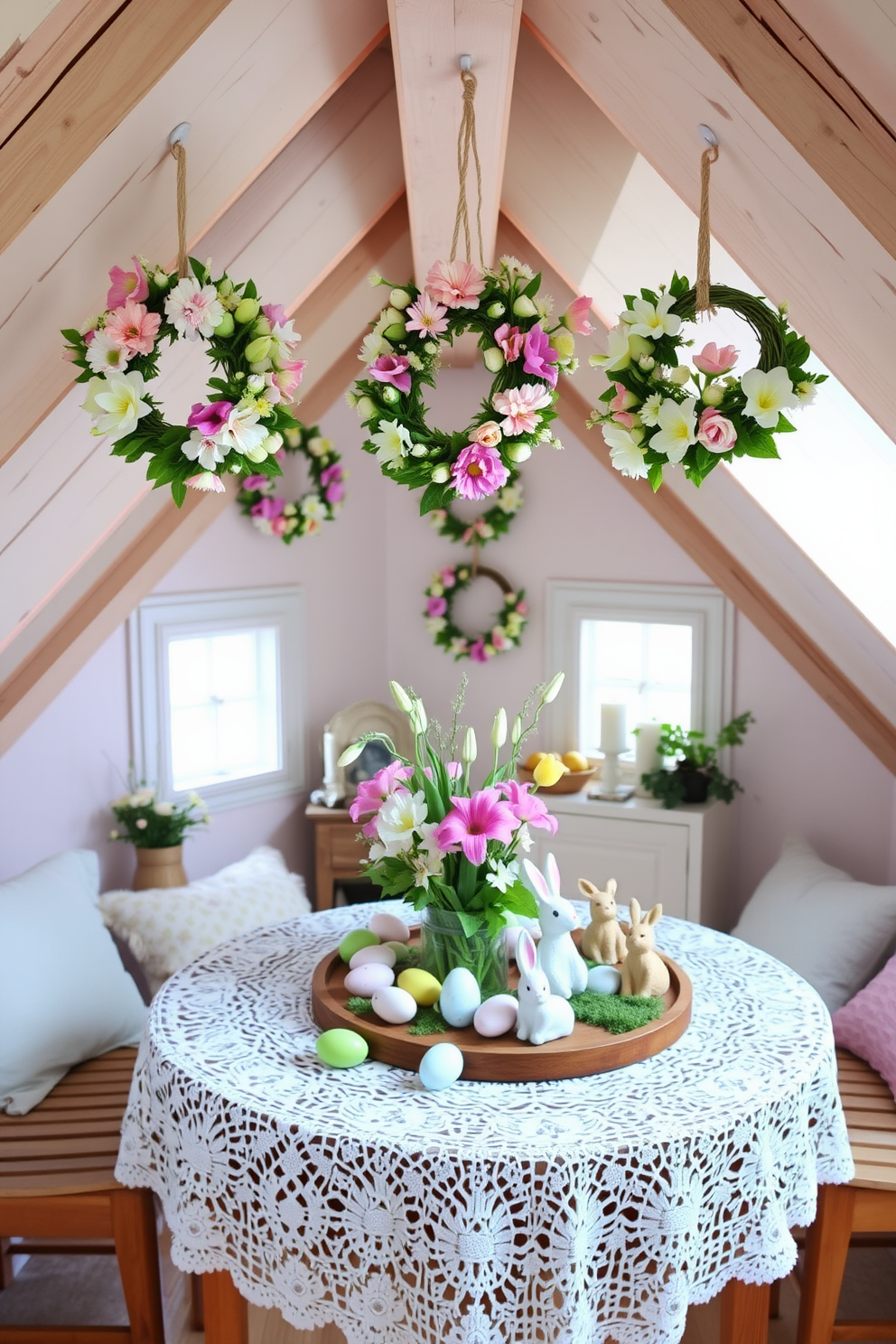 A cozy attic space transformed for Easter celebrations. The room features pastel-colored wreaths made of spring flowers, such as tulips, daisies, and lilies, hanging from the slanted wooden beams. In the center of the room, a rustic wooden table is adorned with a white lace tablecloth, holding an array of Easter-themed decorations including painted eggs, bunny figurines, and a centerpiece made of fresh flowers. Soft, natural light filters through the small attic windows, highlighting the cheerful and inviting atmosphere.