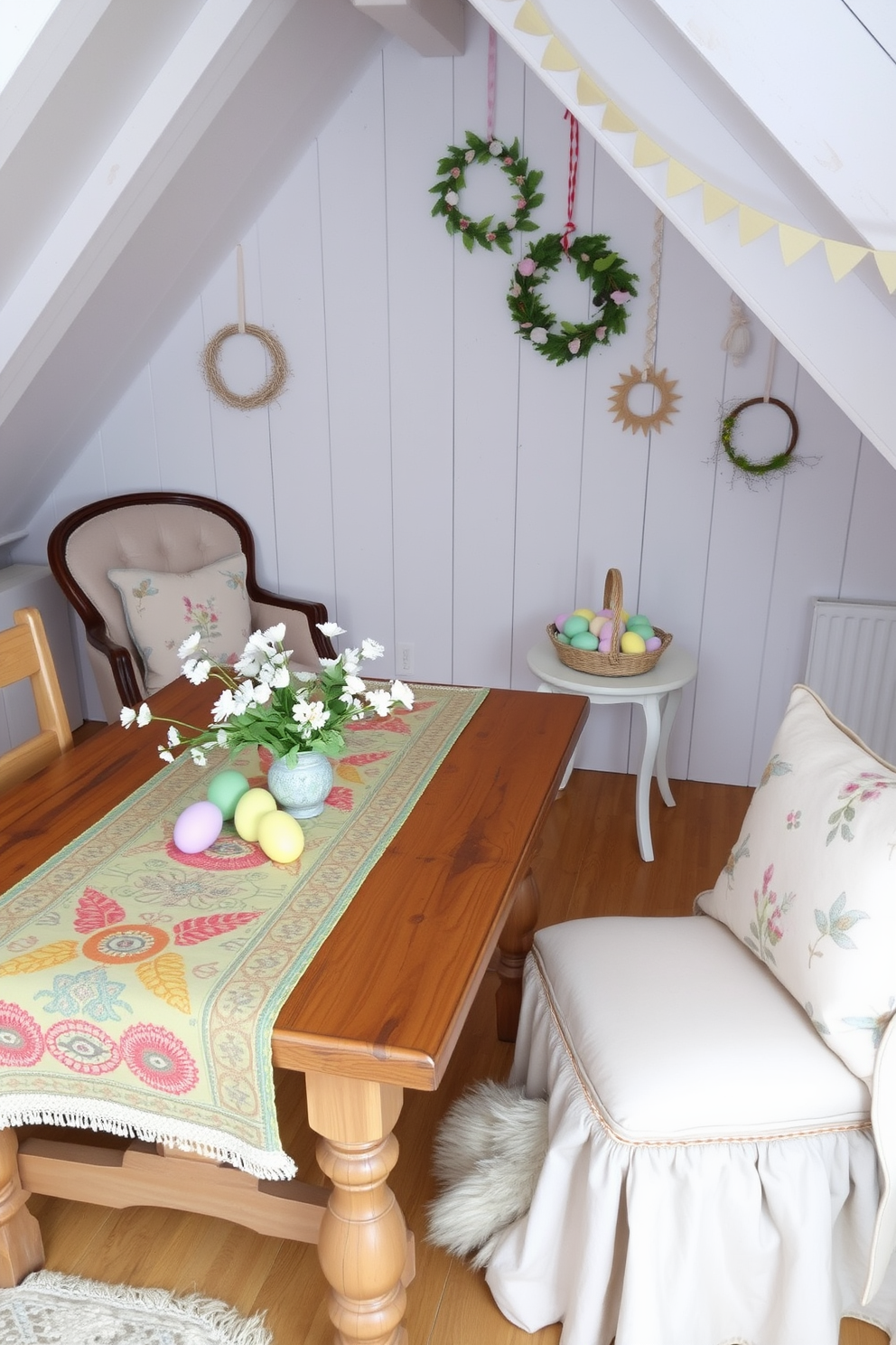 A cozy attic space decorated for Easter. A colorful table runner with intricate patterns is spread across a rustic wooden table, adorned with pastel-colored eggs and delicate spring flowers. In one corner, a vintage armchair with a soft, floral cushion sits beside a small side table, which holds a basket filled with painted eggs. The walls are adorned with handmade paper garlands and wreaths, creating a festive and cheerful atmosphere.